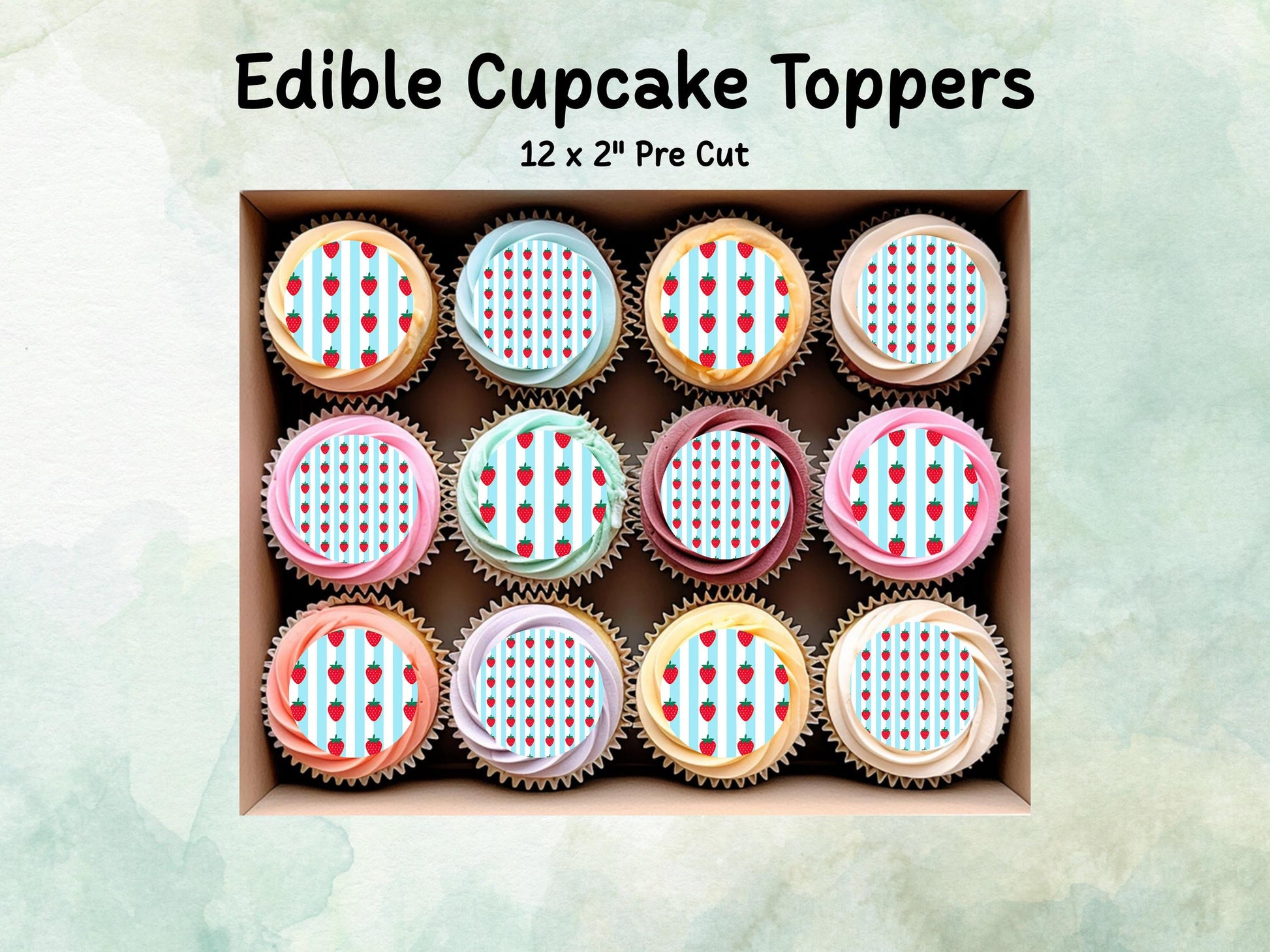 Strawberry Edible Cupcake Toppers – 12 x 2" Pre cut Wafer Paper, Card or Icing Sheet, Fruit Cake Toppers, Cute Birthday Decorations
