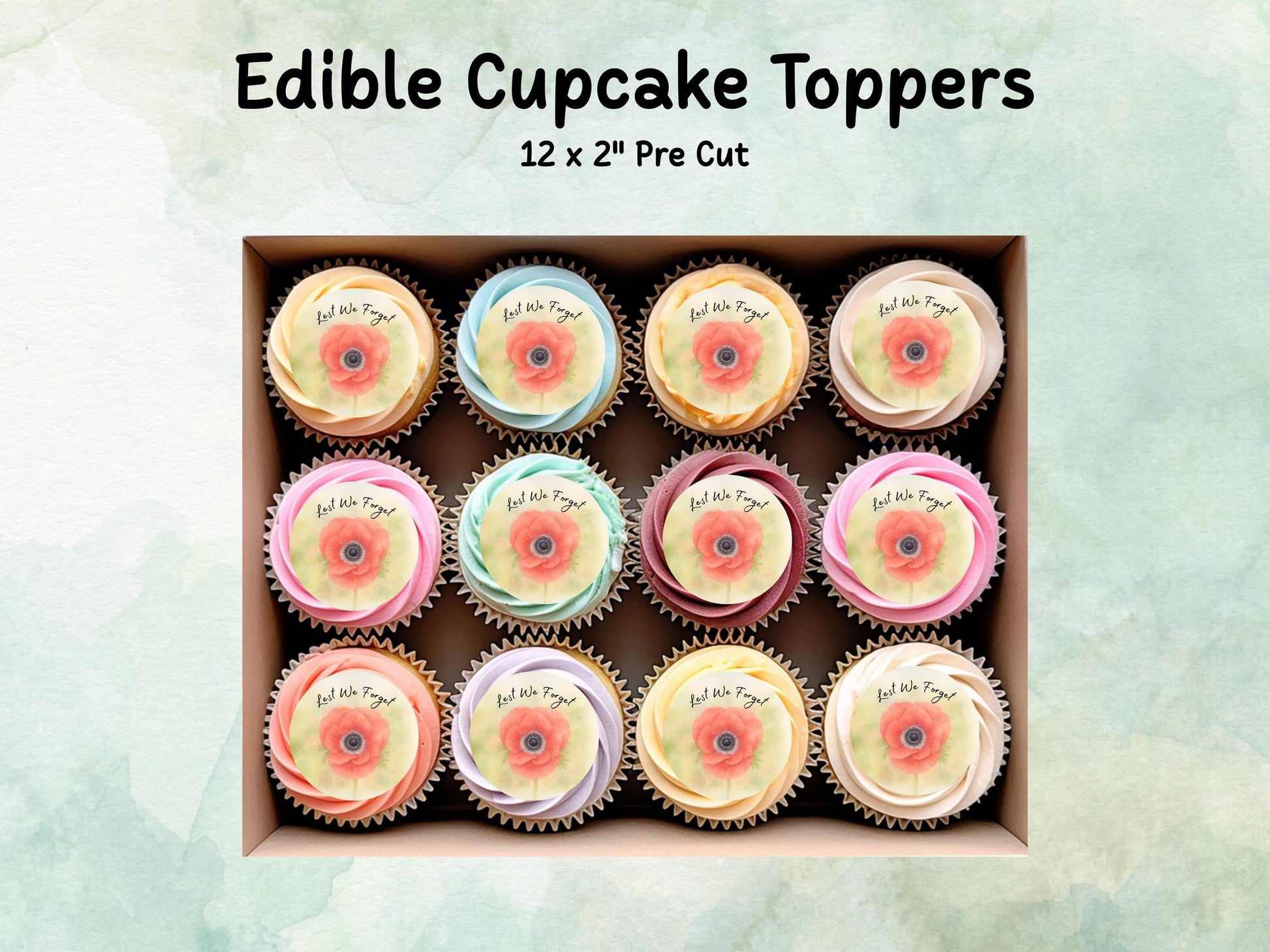 Red Poppy Edible Cupcake Toppers 12 x 2" – Pre cut Wafer Paper, Card or Icing Sheet, Remembrance Day Edible Cake Decorations, Lest We Forget