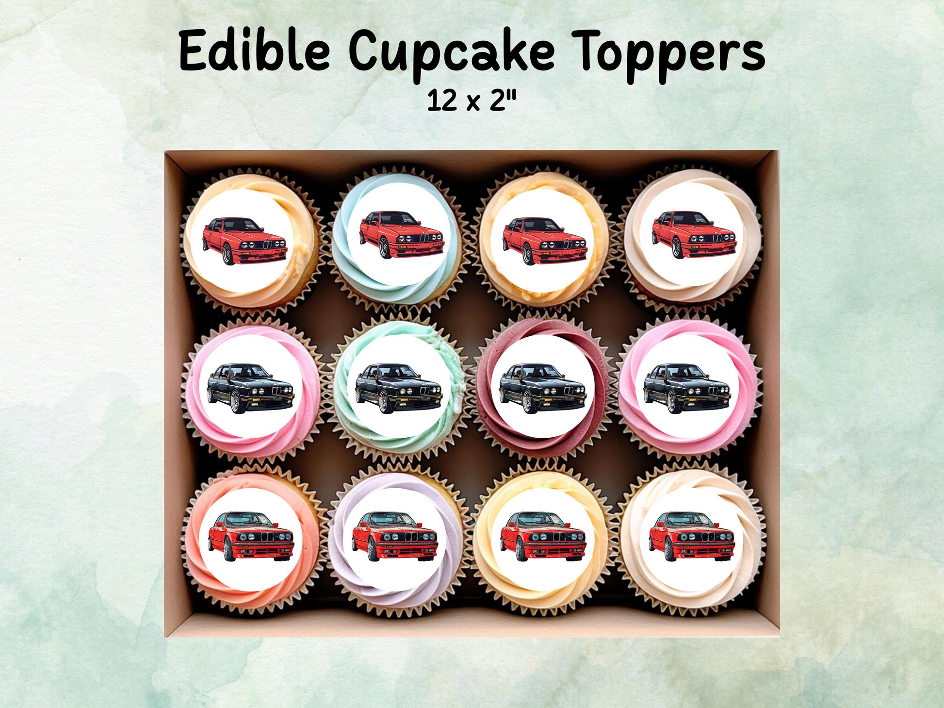 BMW Car Edible Cupcake Toppers 12 x 2" – Pre cut Wafer Paper, Card or Icing Sheet, Sports car Cake Topper
