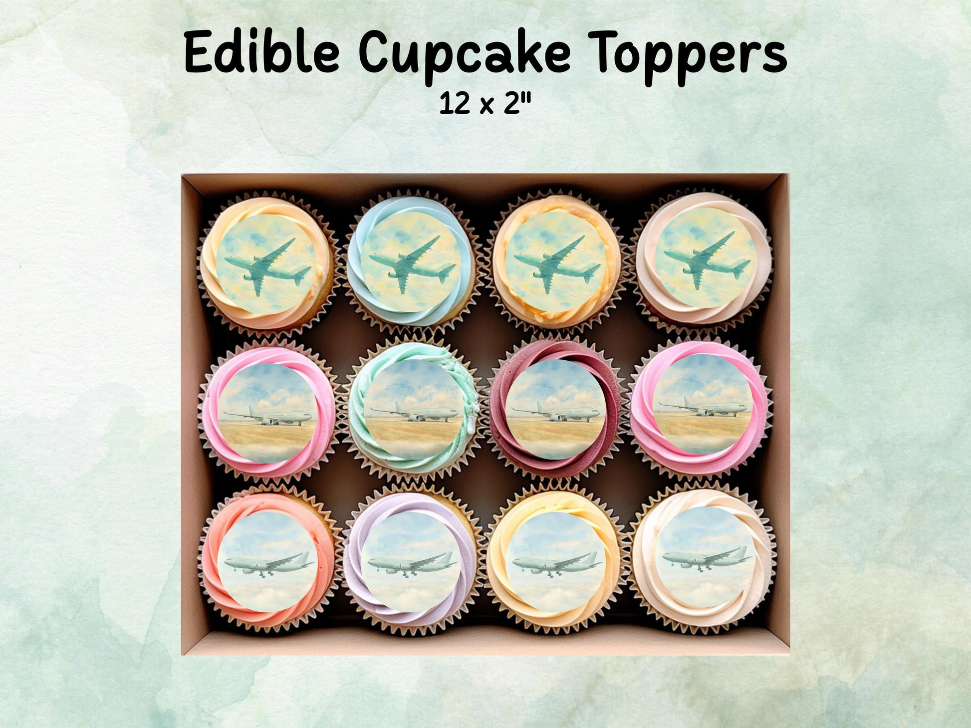 Aeroplane A330 Edible Cupcake Toppers 12 x 2"– Pre cut Wafer Paper, Card or Icing Sheet, Aviation Airplane Cake decorations