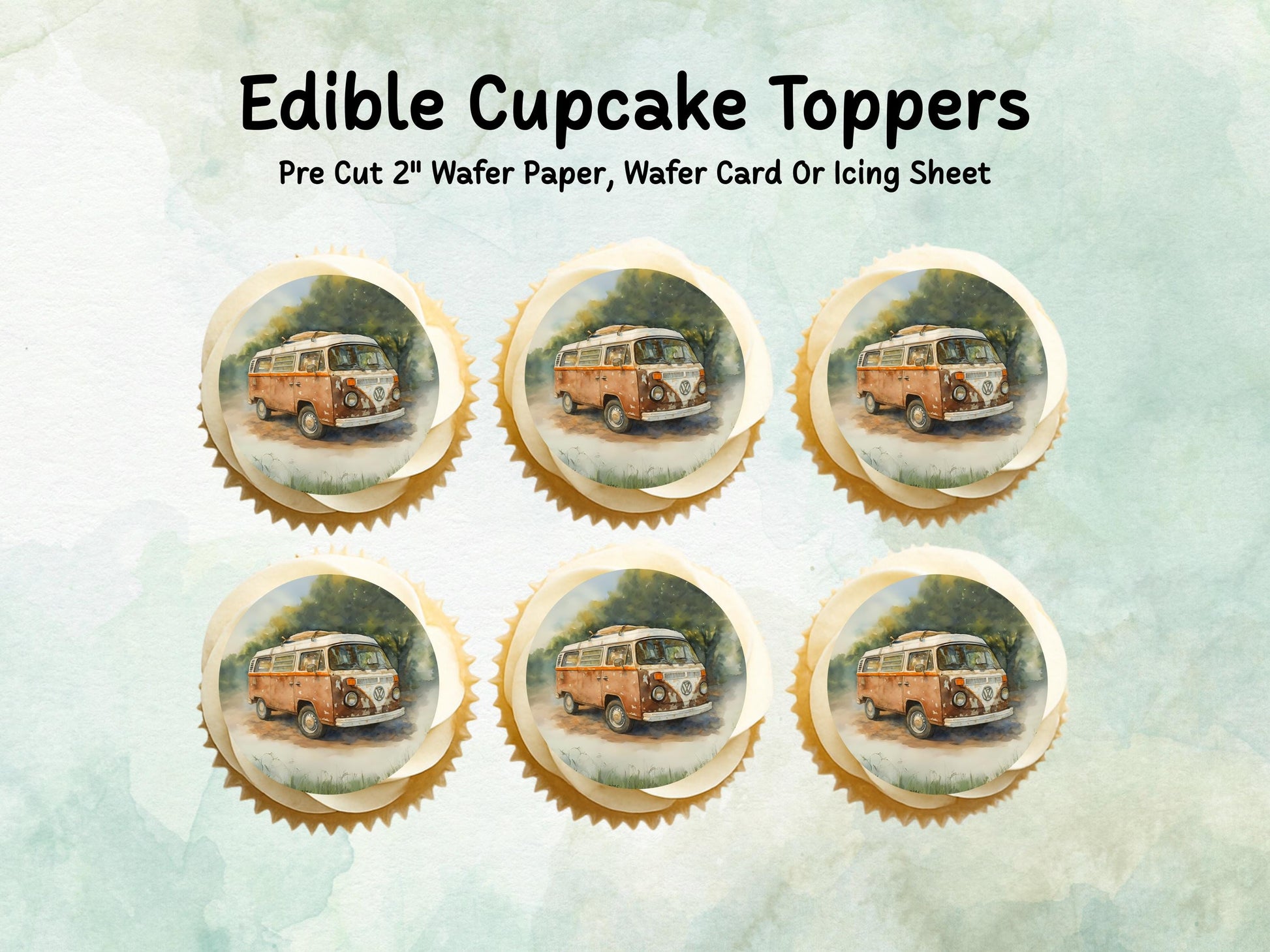 VW Campervan Edible Cupcake Toppers 12 x 2" – Pre cut Wafer Paper, Card or Icing Sheet, Campervan Cake Topper