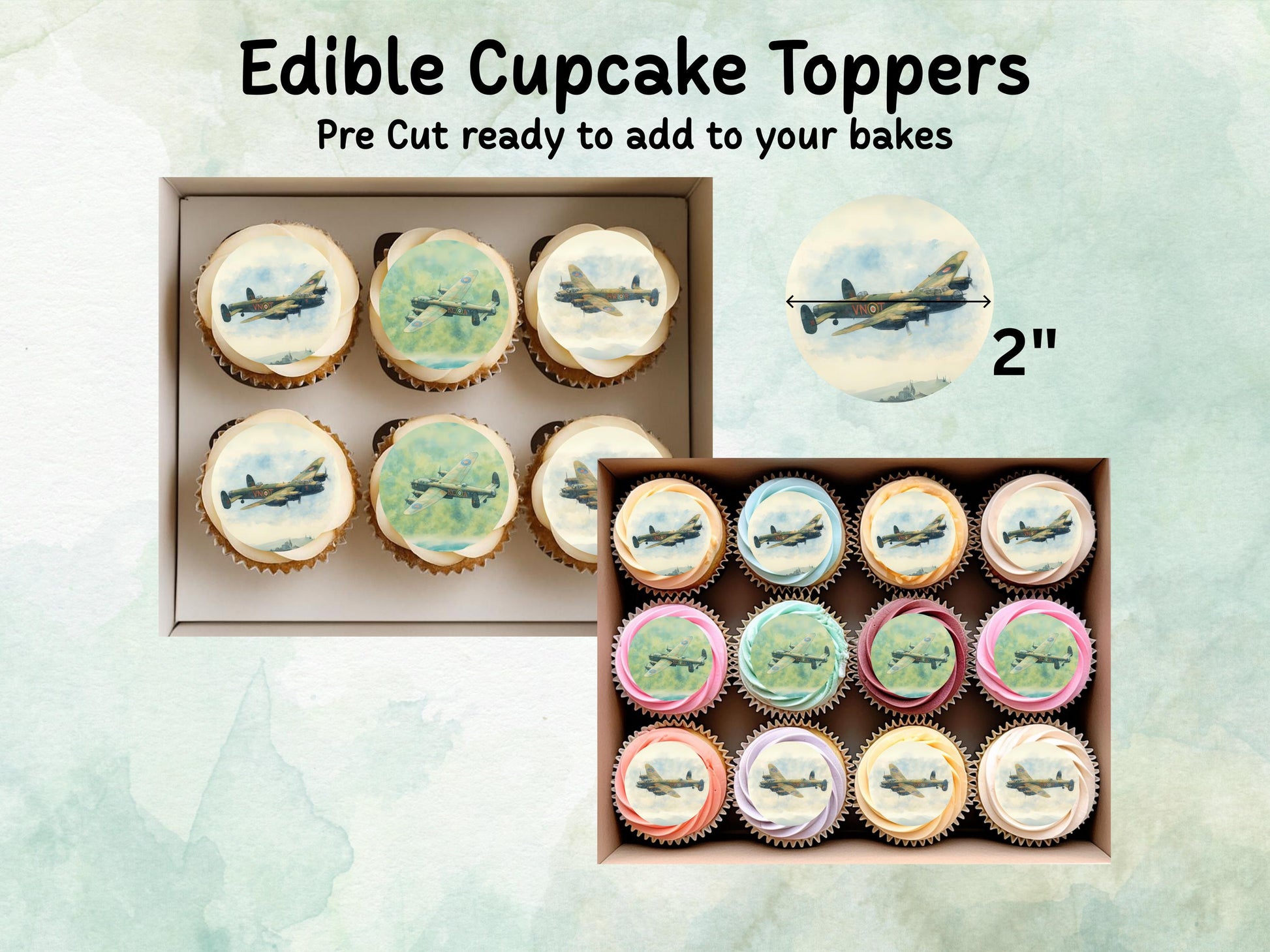 Lancaster Aeroplane Edible Cupcake Toppers 12 x 2"– Pre cut Wafer Paper, Card or Icing Sheet, Aviation Airplane Cake decorations