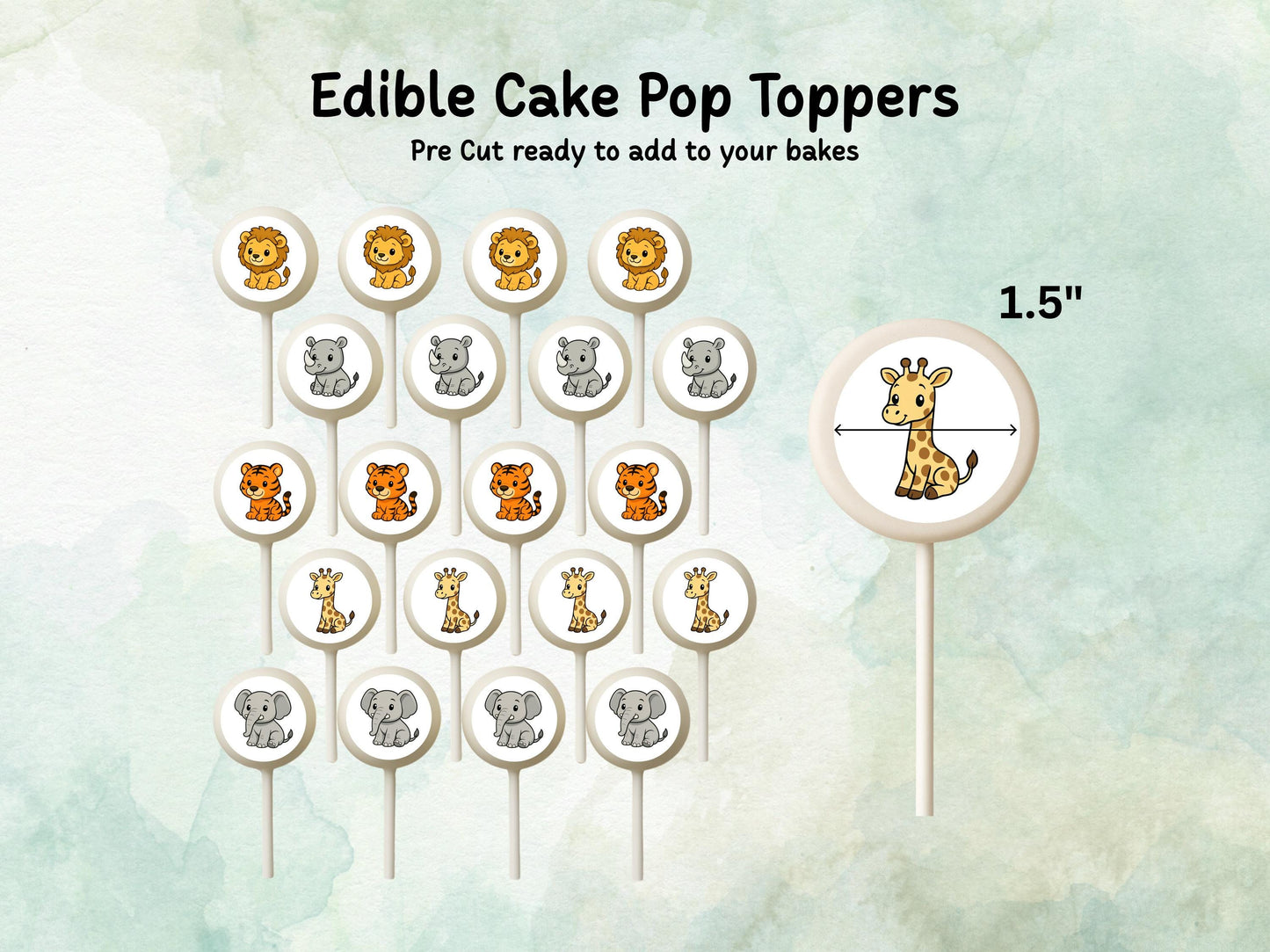 Zoo Animal Edible Cake Pop Toppers: 20 x 1.5" Wafer Paper or Wafer Card