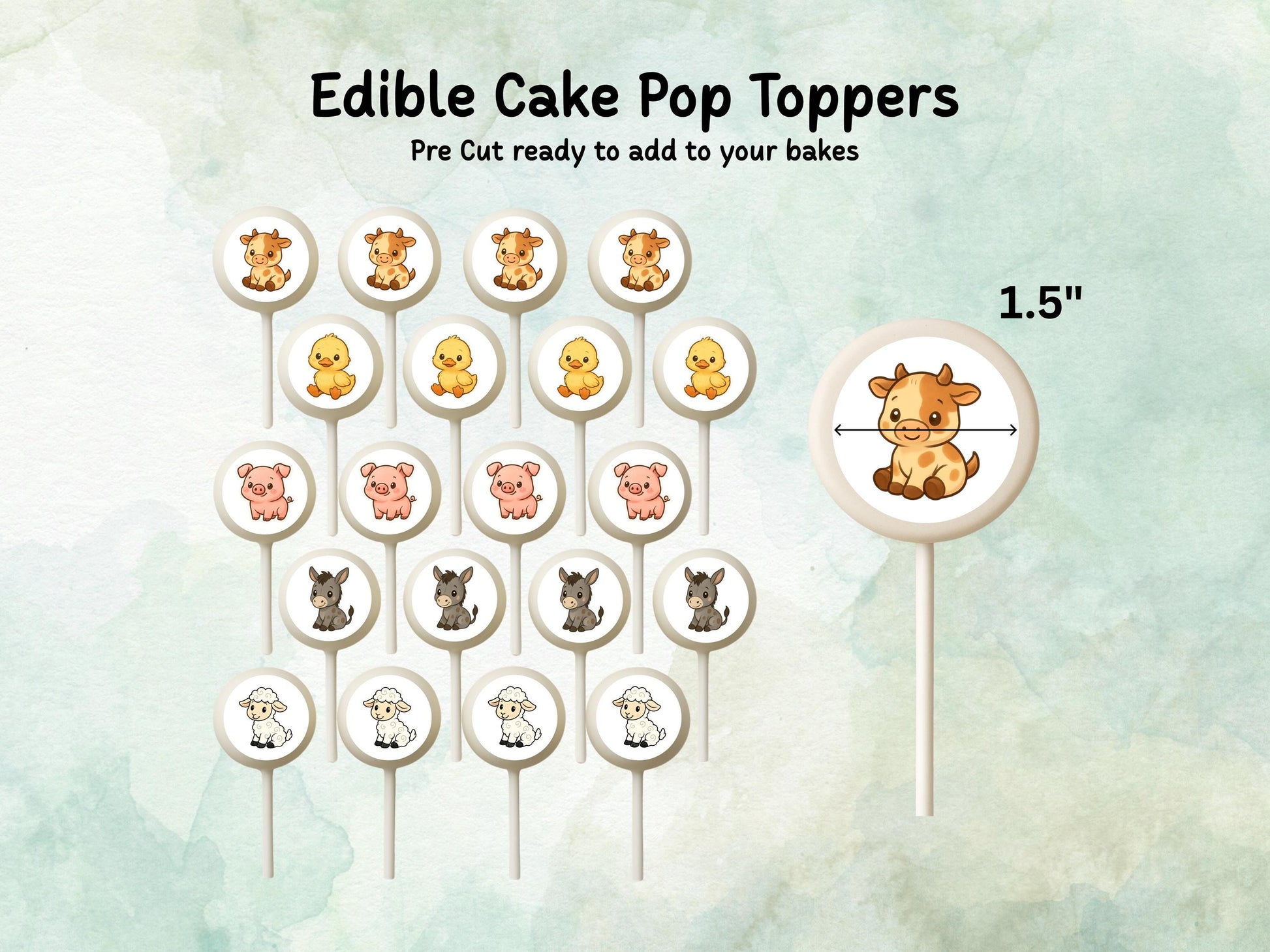 Farm Animal Edible Cake Pop Toppers: 20 x 1.5" Wafer Paper or Wafer Card