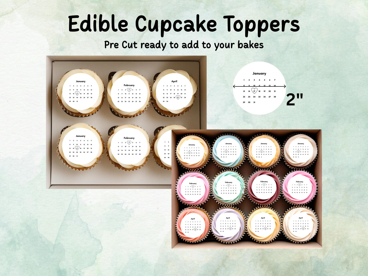Customisable Calendar Edible Cupcake Toppers 12 x 2" – Pre cut Wafer Paper, Card or Icing Sheet