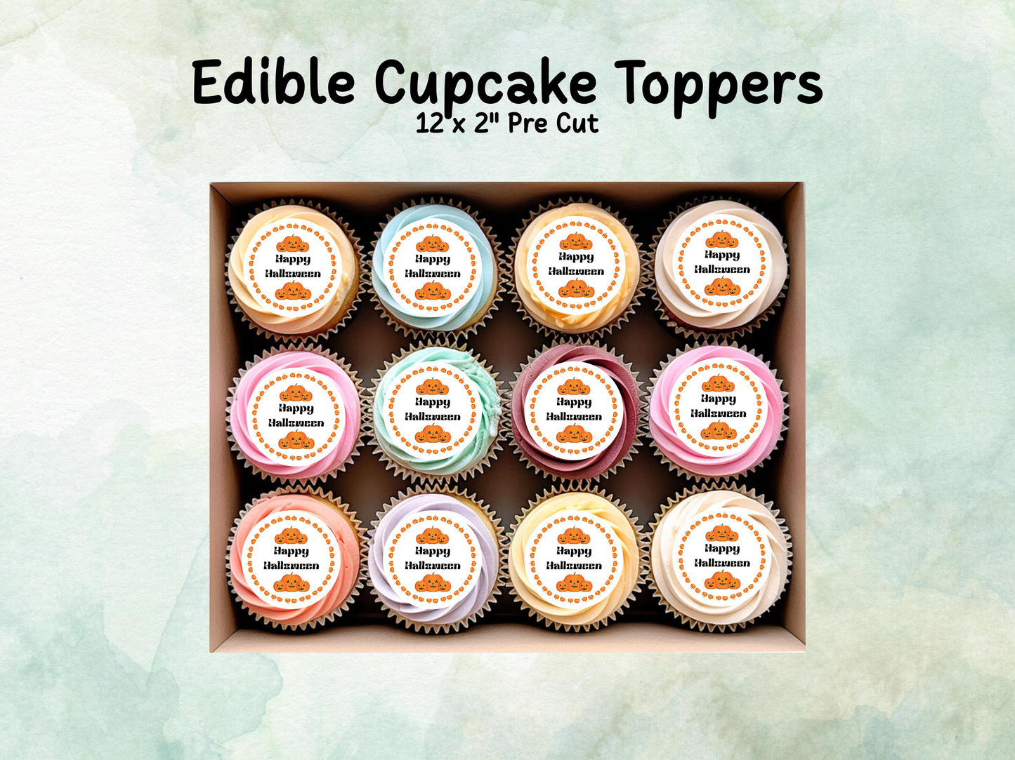 Pumpkin Happy Halloween Edible Cupcake Toppers 12 x 2" – Pre cut Wafer Paper, Card or Icing Sheet