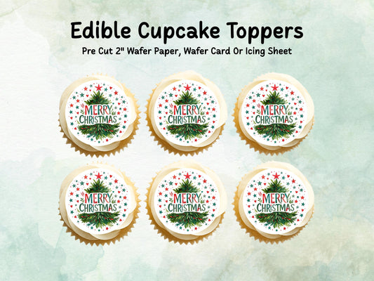 Merry Christmas Edible Cupcake Toppers 12 x 2" – Pre cut Wafer Paper, Card or Icing Sheet, Christmas Cake Topper
