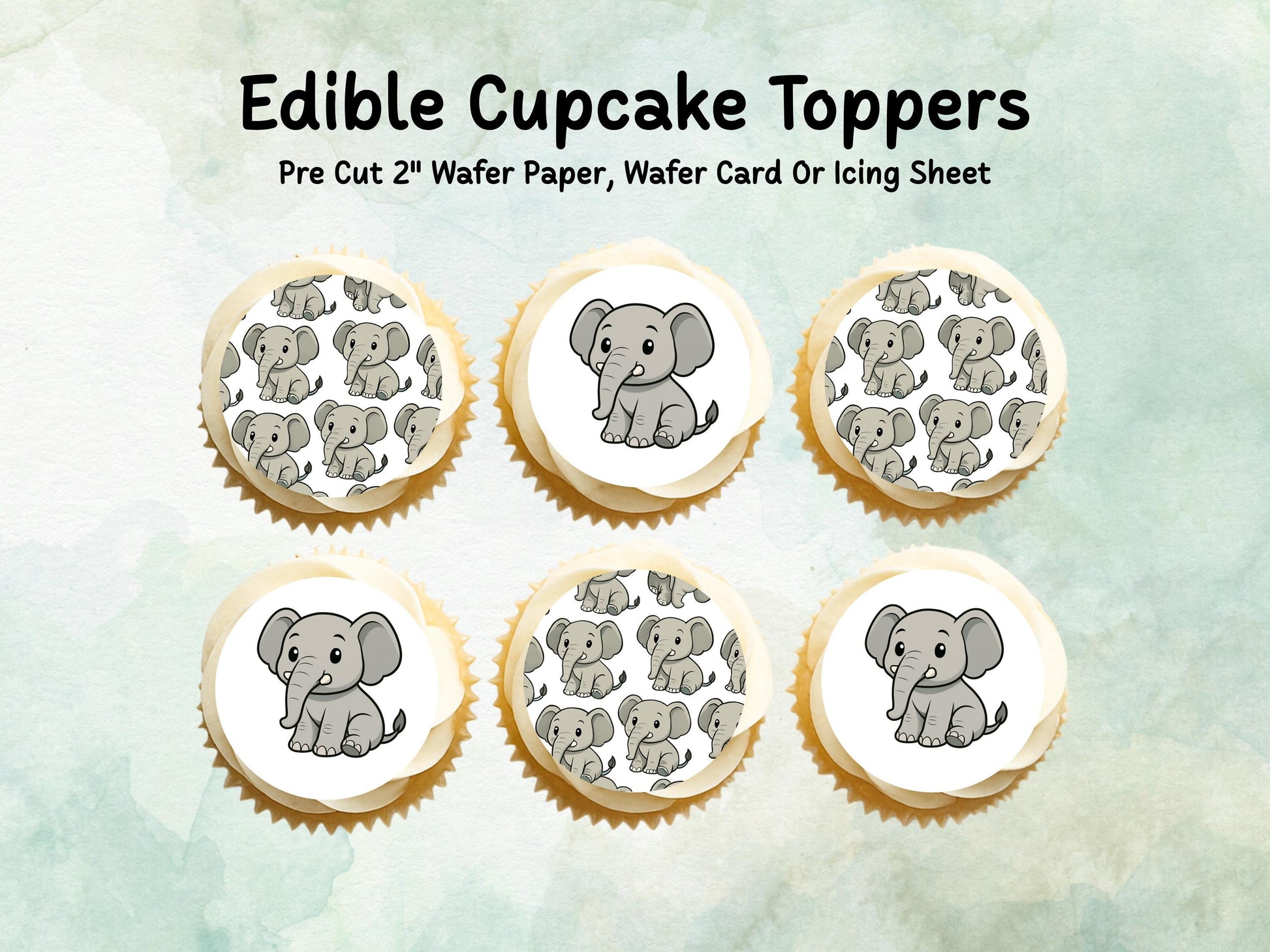 Elephant Edible Cupcake Toppers: 12 x 2" Wafer Paper, Card, or Icing sheet