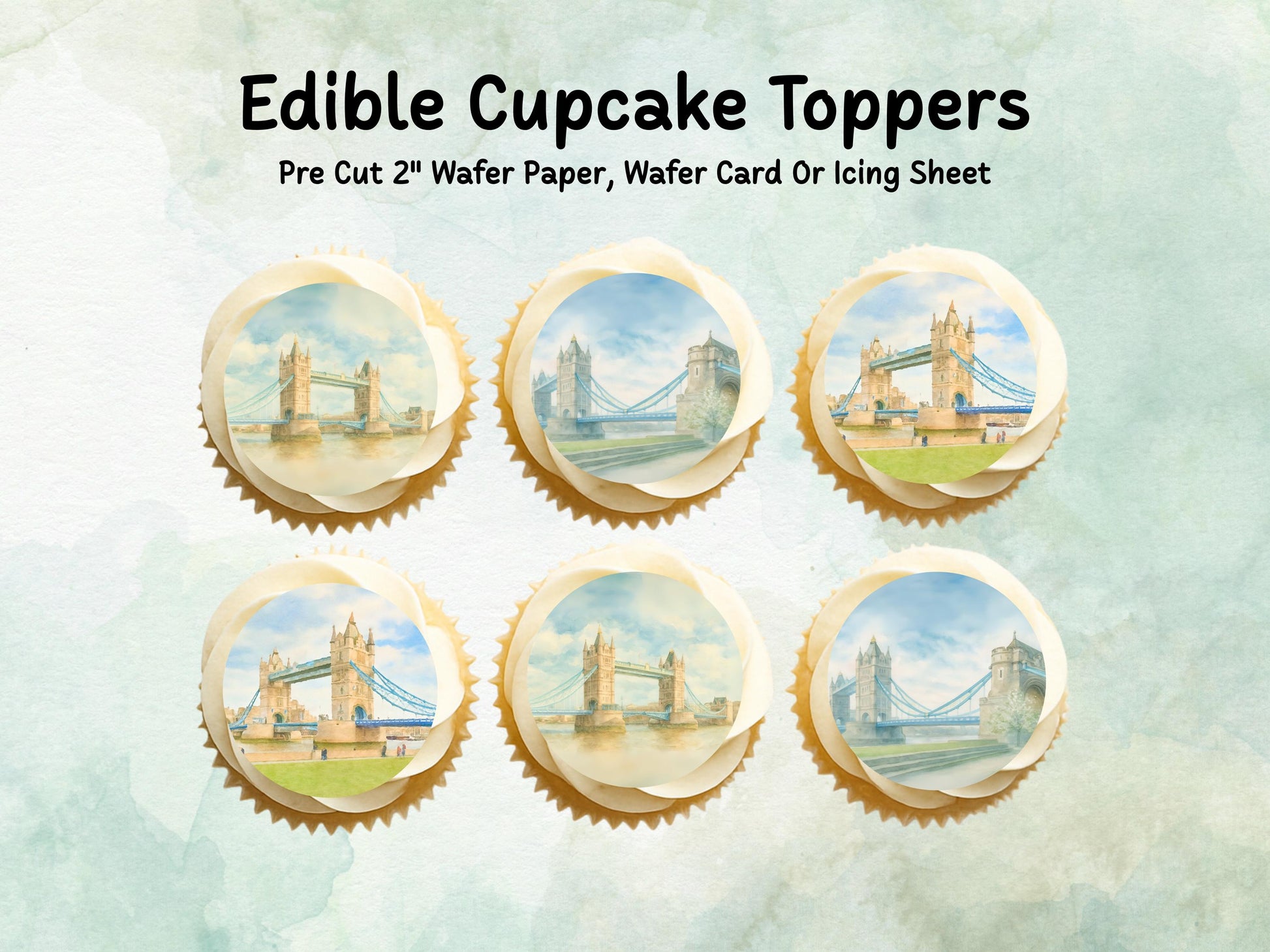 Edible cake toppers pre cut 2 &quot; round Circles with london bridge in a water colour design