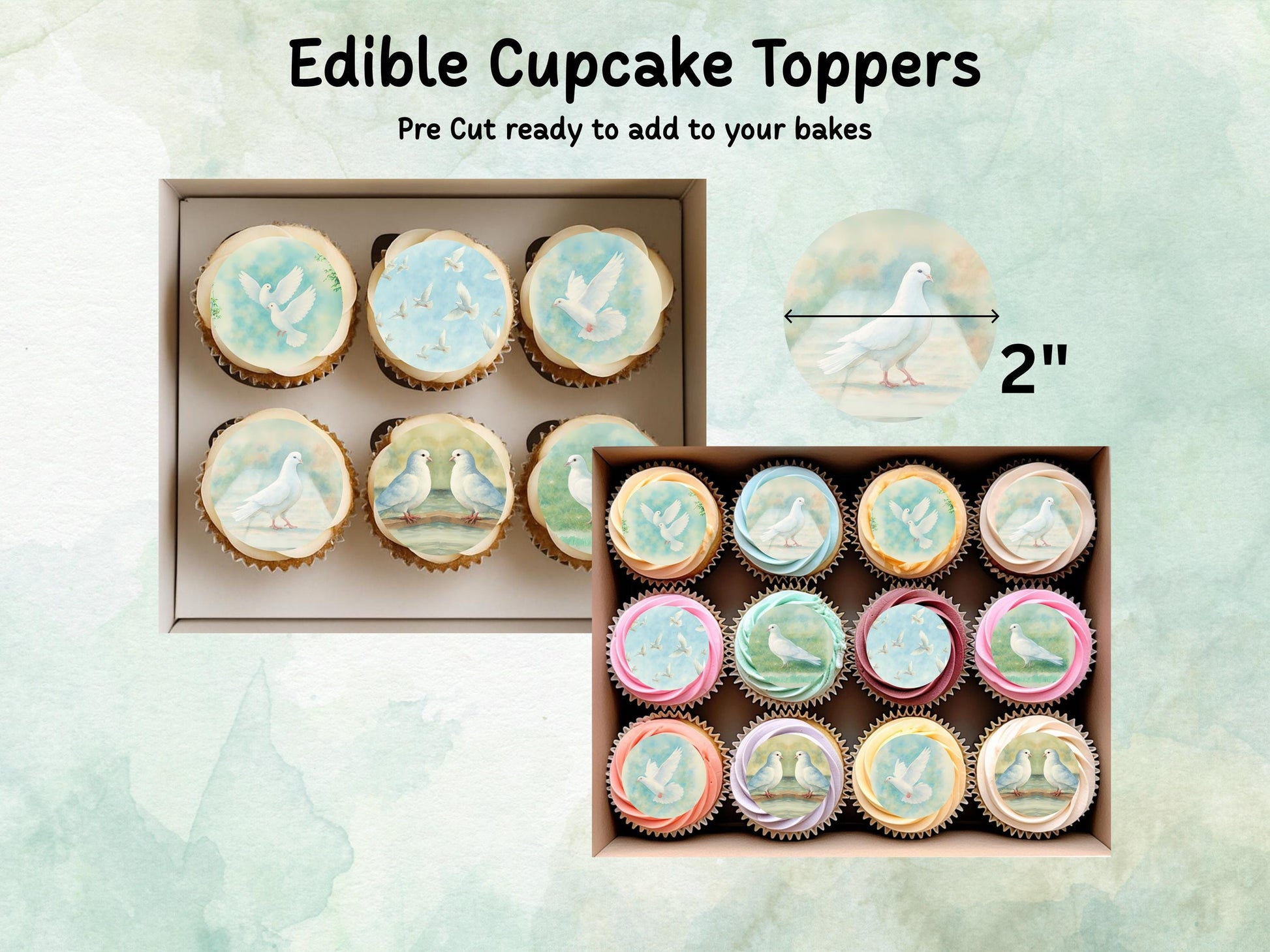 White Dove Edible Cupcake Toppers 12 x 2" Wafer Paper, Card, or Icing