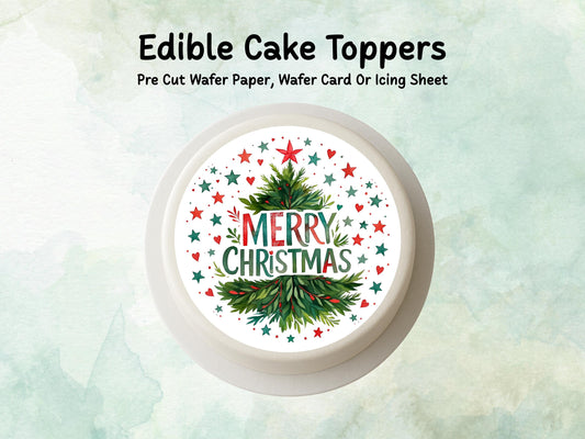 Merry Christmas Tree Edible Cake Topper available in different sizes.