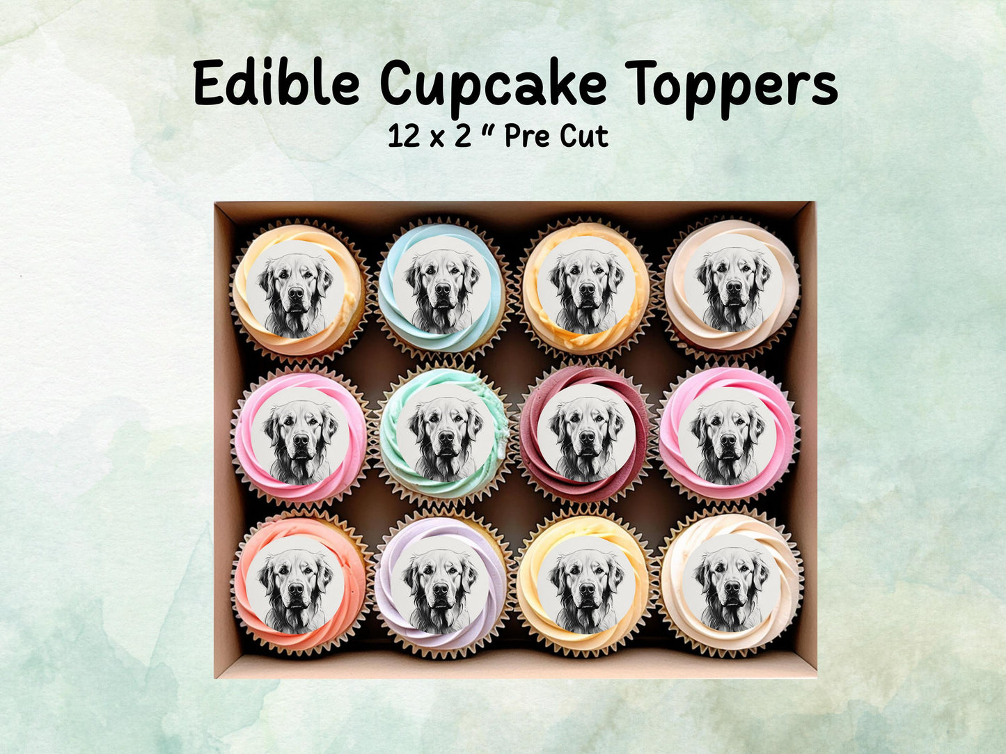 Golden Retriever Edible Cupcake Toppers 12 x 2"– Pre cut Wafer Paper, Card or Icing Sheet