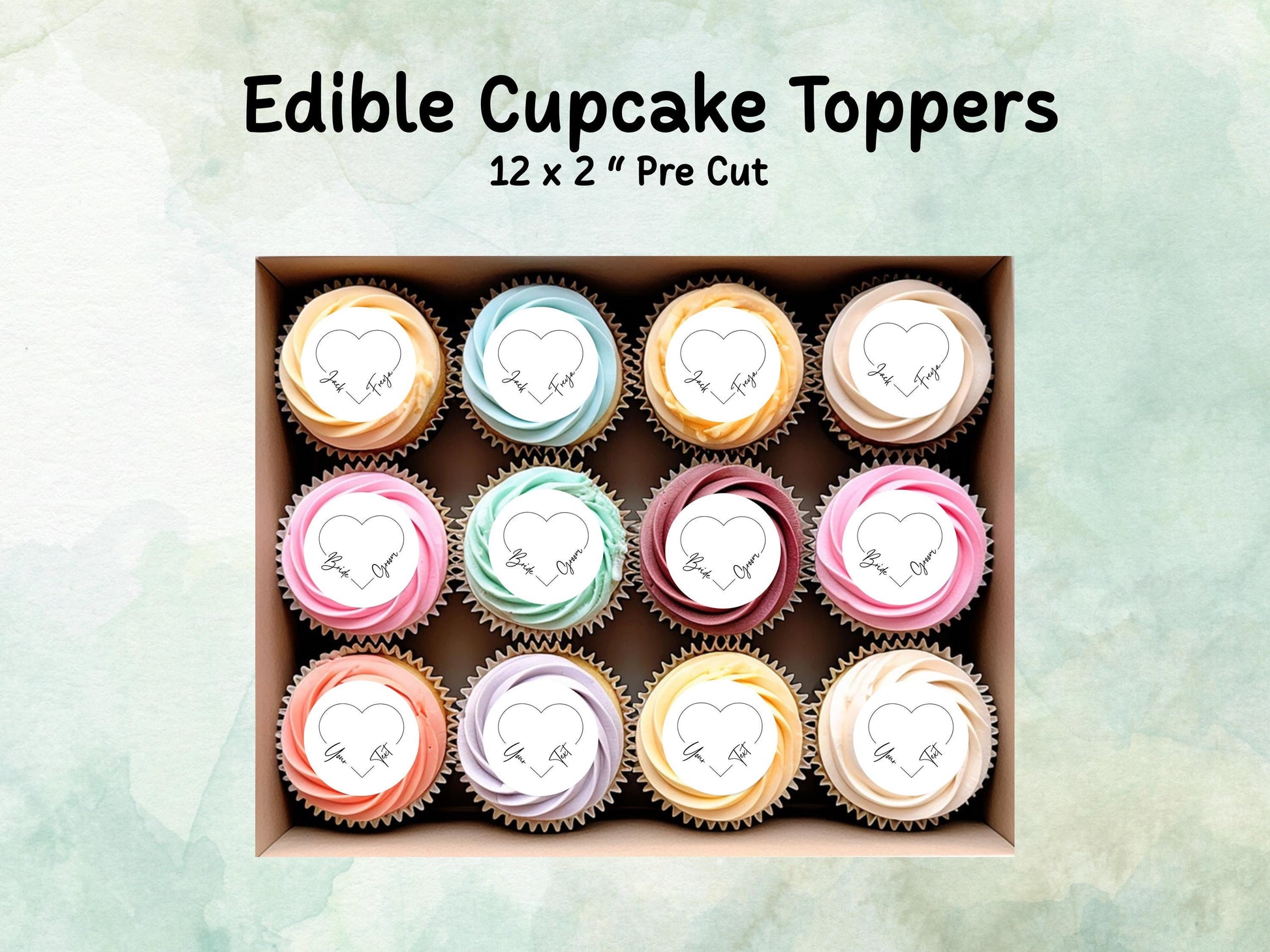 Personalised Heart Edible Cupcake Toppers 12 x 2" Pre cut Wafer Paper, Card or Icing Sheet