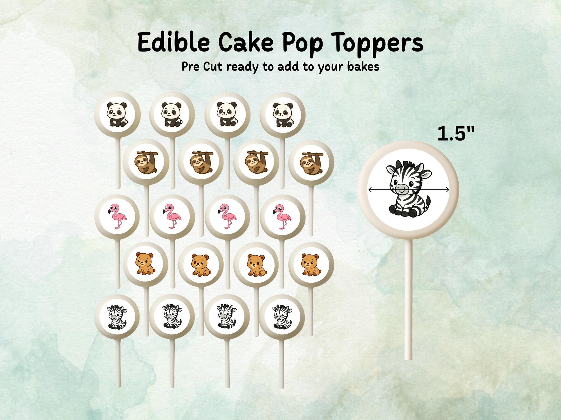 Zoo Animal Edible Cake Pop Toppers: 20 x 1.5" Wafer Paper or Wafer Card