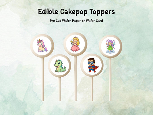round white wafer paper discs edible cake pop toppers with designs of a multi coloured unicorn, Green Dinosaur, pink princess, super hero with cape and a green fairy.