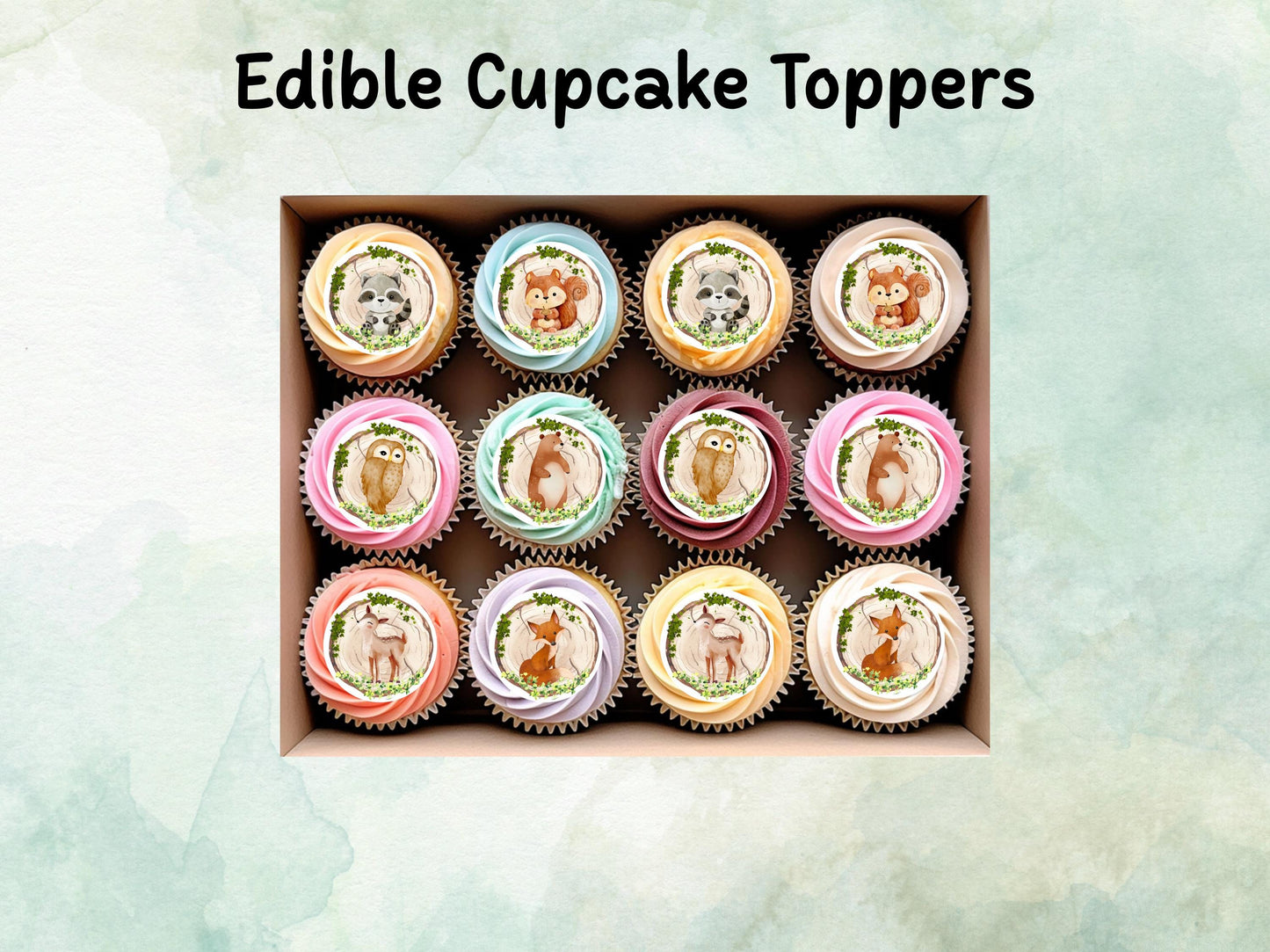 Cute Forest Animal Edible Cupcake Toppers 12 x 2" Pre cut Wafer Paper, Card or Icing Sheet, Birthday Cake Decoration