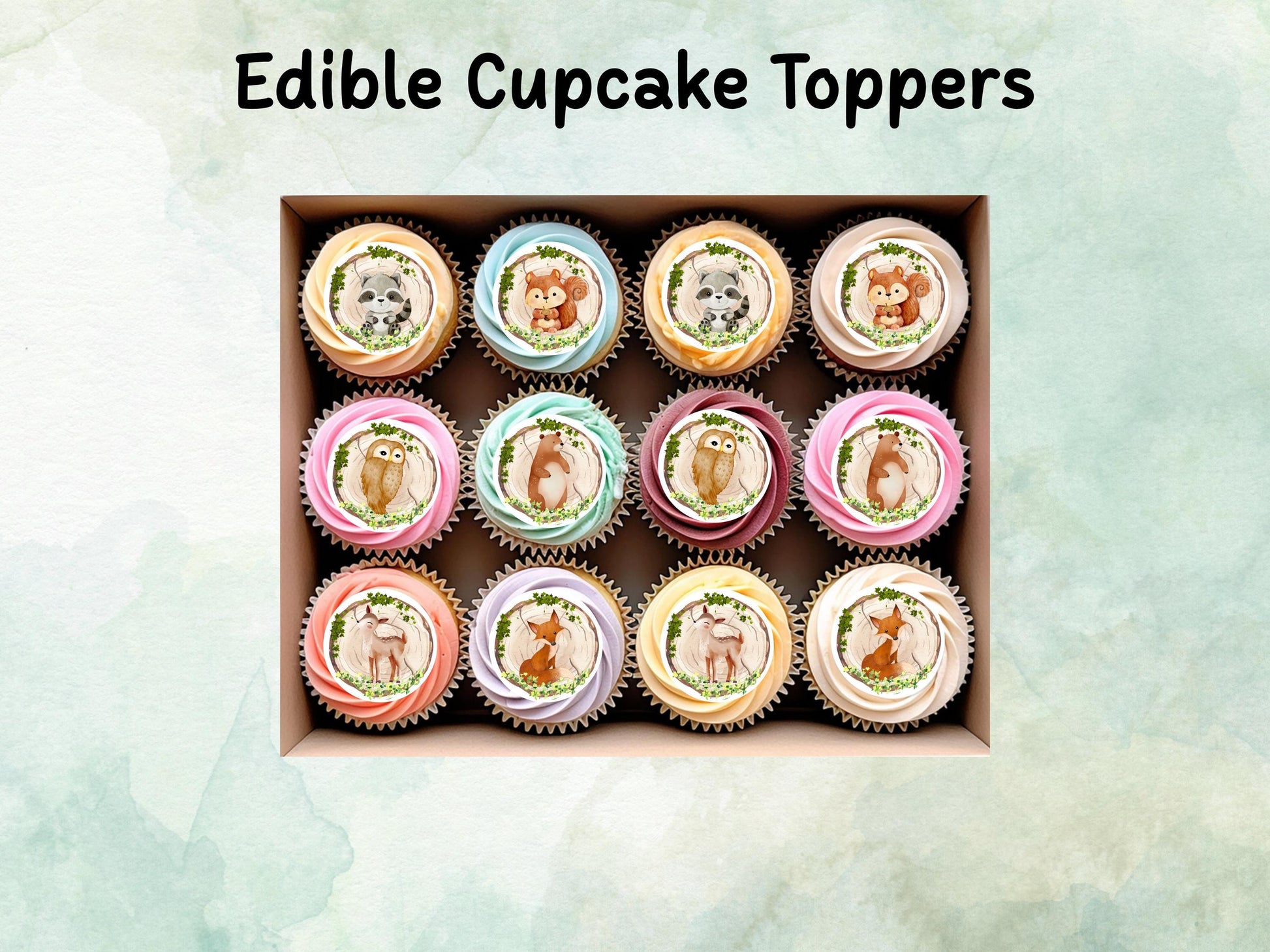 Cute Forest Animal Edible Cupcake Toppers 12 x 2" Pre cut Wafer Paper, Card or Icing Sheet, Birthday Cake Decoration
