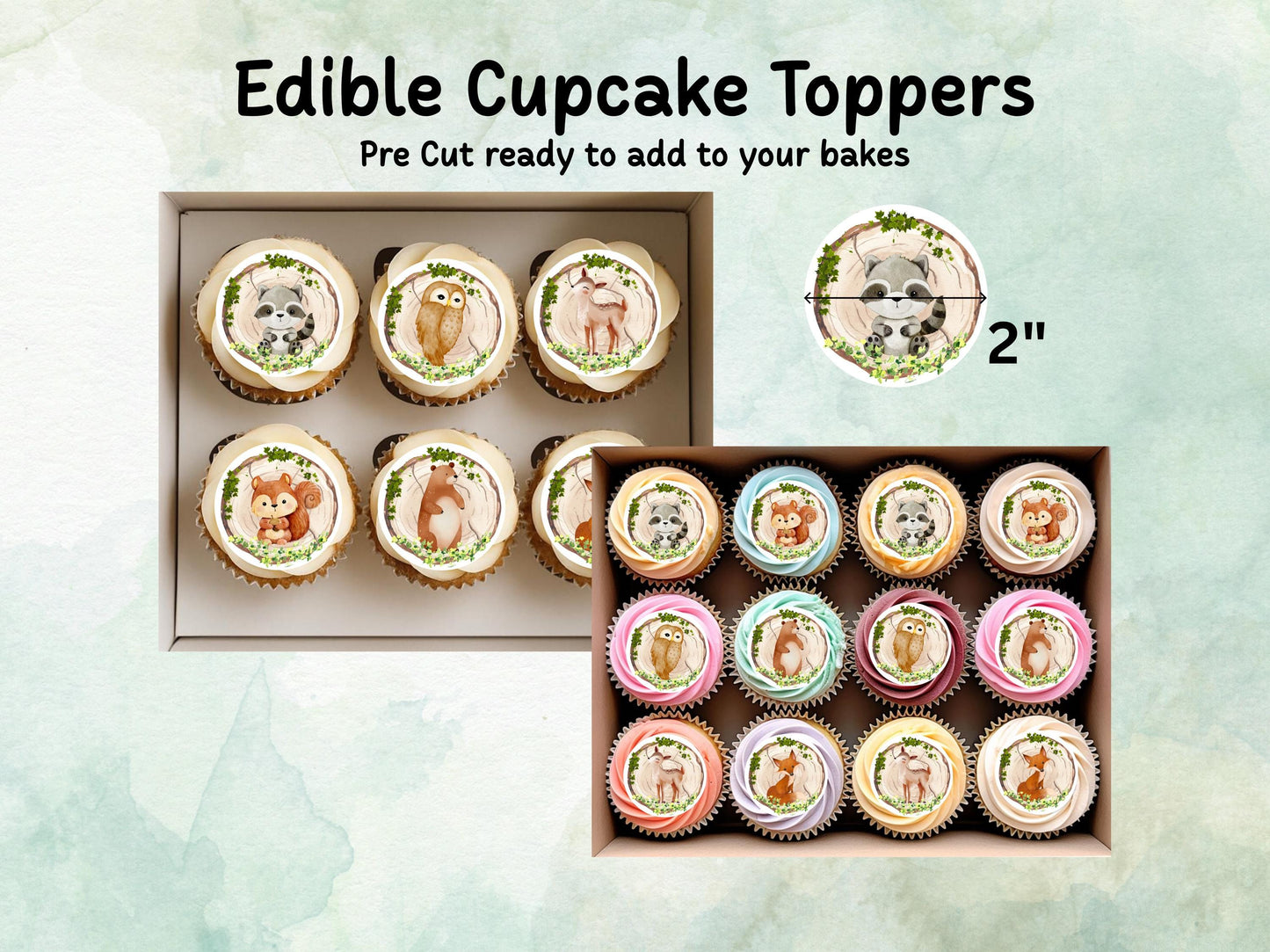 Cute Forest Animal Edible Cupcake Toppers 12 x 2" Pre cut Wafer Paper, Card or Icing Sheet, Birthday Cake Decoration