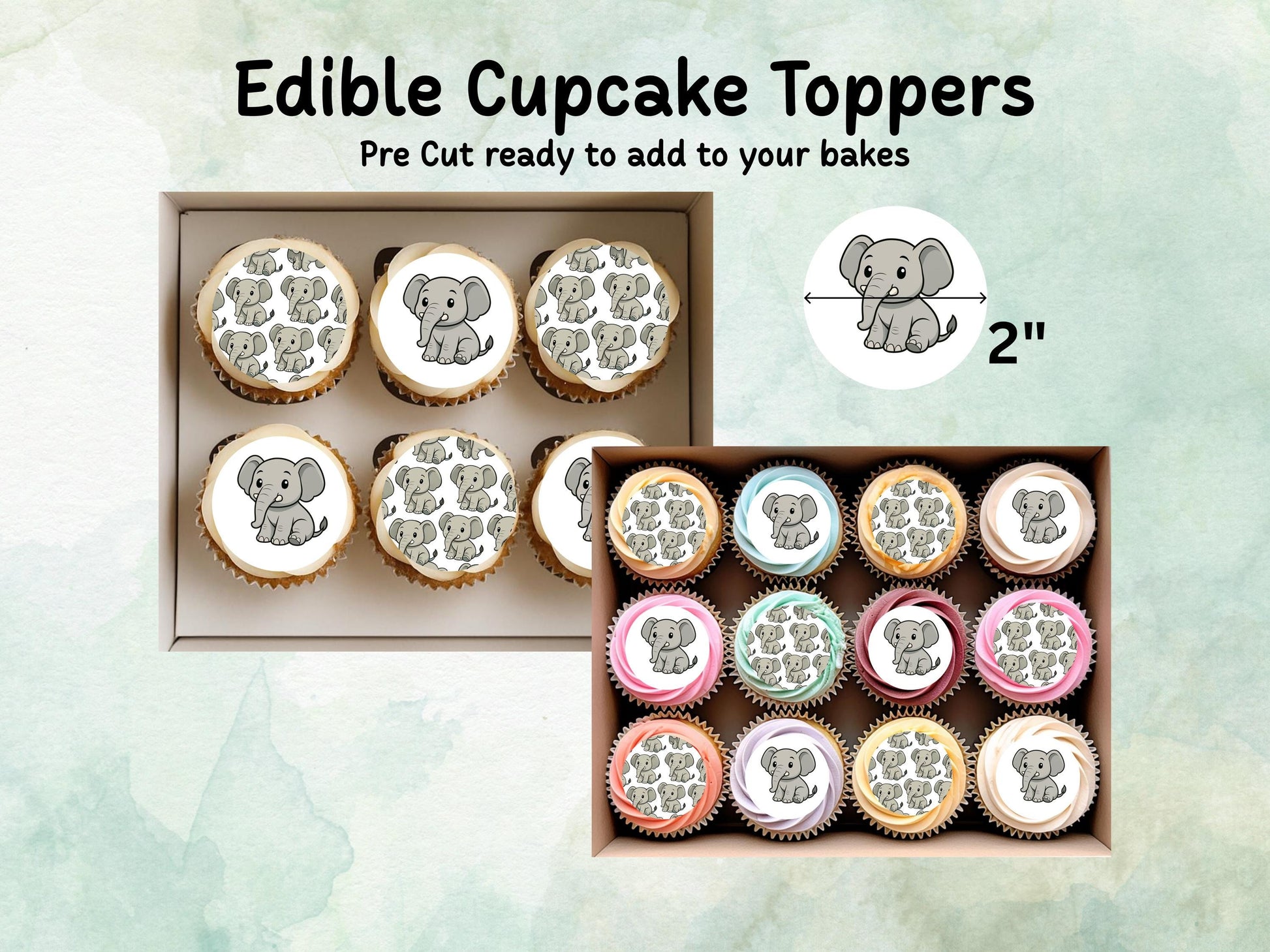 Elephant Edible Cupcake Toppers: 12 x 2" Wafer Paper, Card, or Icing sheet