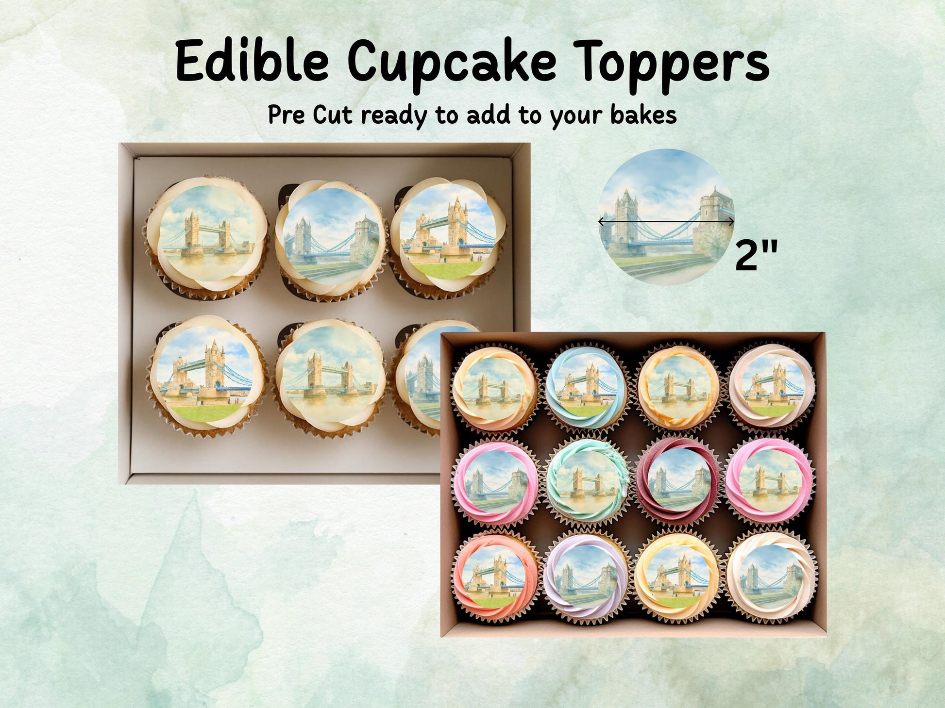 London Bridge Edible Cupcake Toppers 12 x 2" – Pre cut Wafer Paper, Card or Icing Sheet, Historic London Landmark Cake Decor