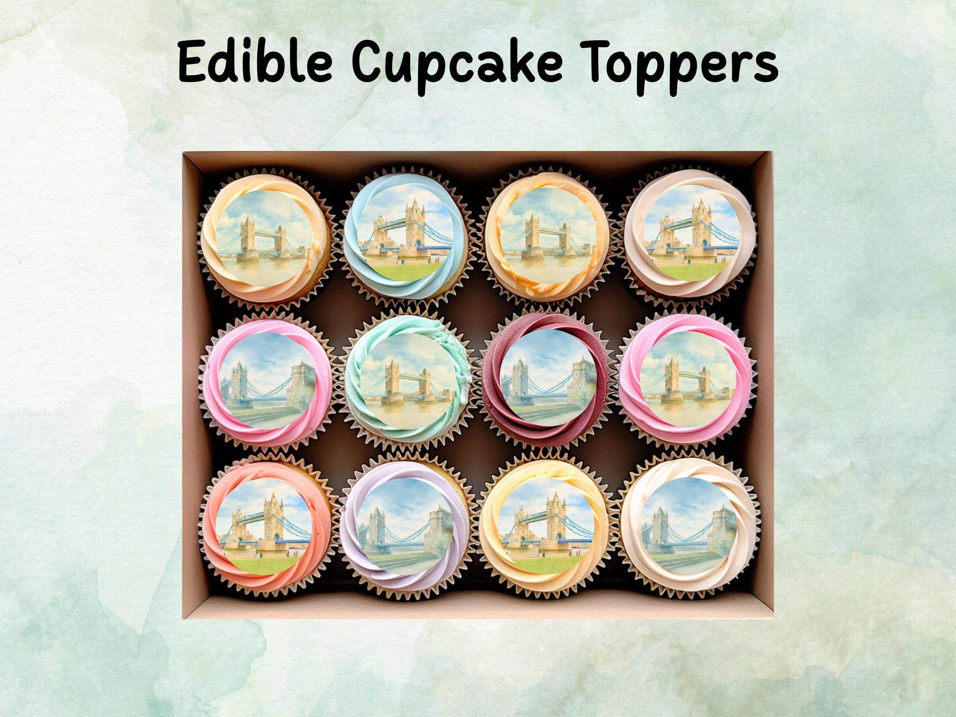 London Bridge Edible Cupcake Toppers 12 x 2" – Pre cut Wafer Paper, Card or Icing Sheet, Historic London Landmark Cake Decor
