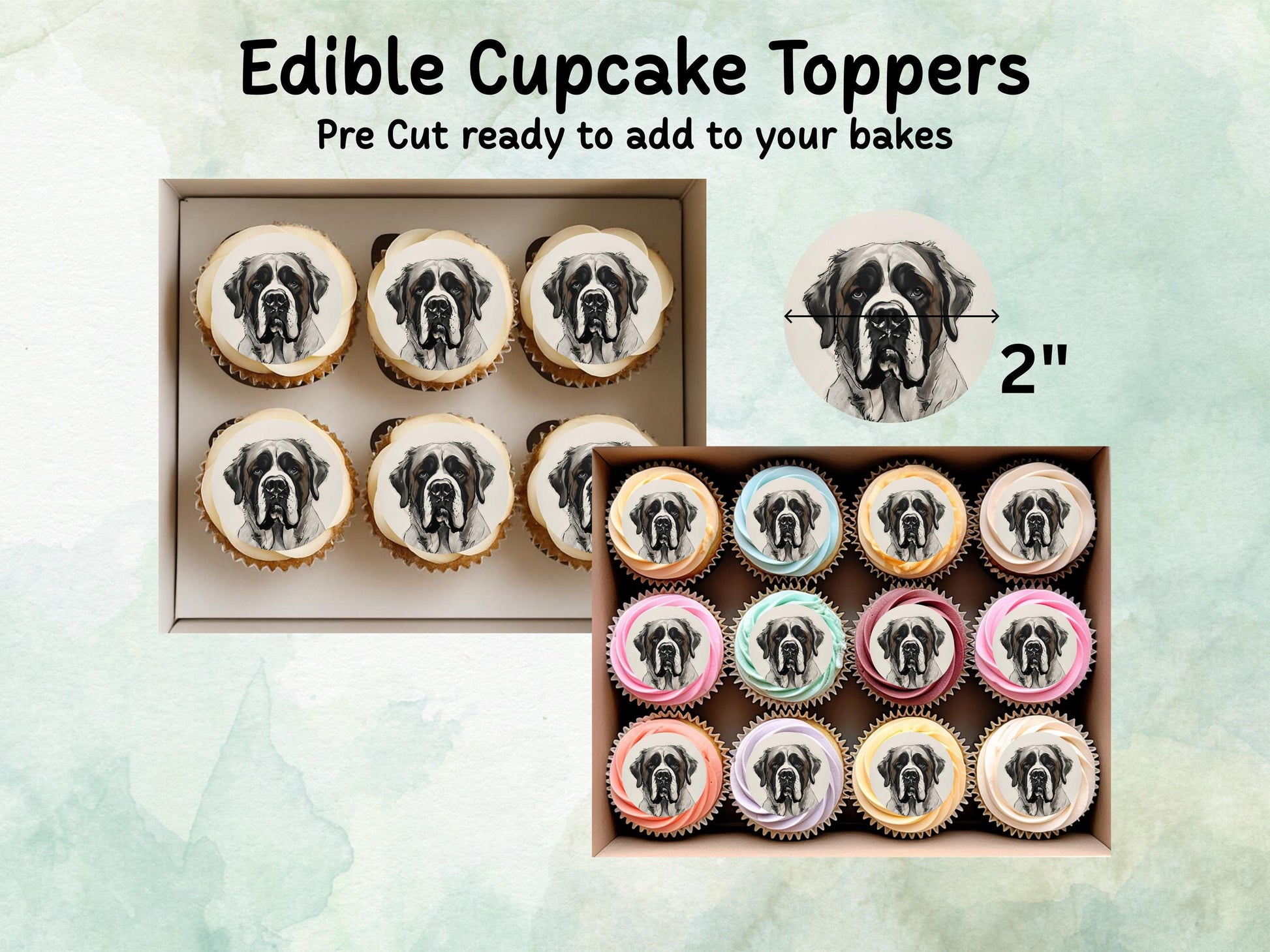 St Bernard Edible Cupcake Toppers - Pre Cut 12 x 2" Wafer Paper, Card or Icing Sheet