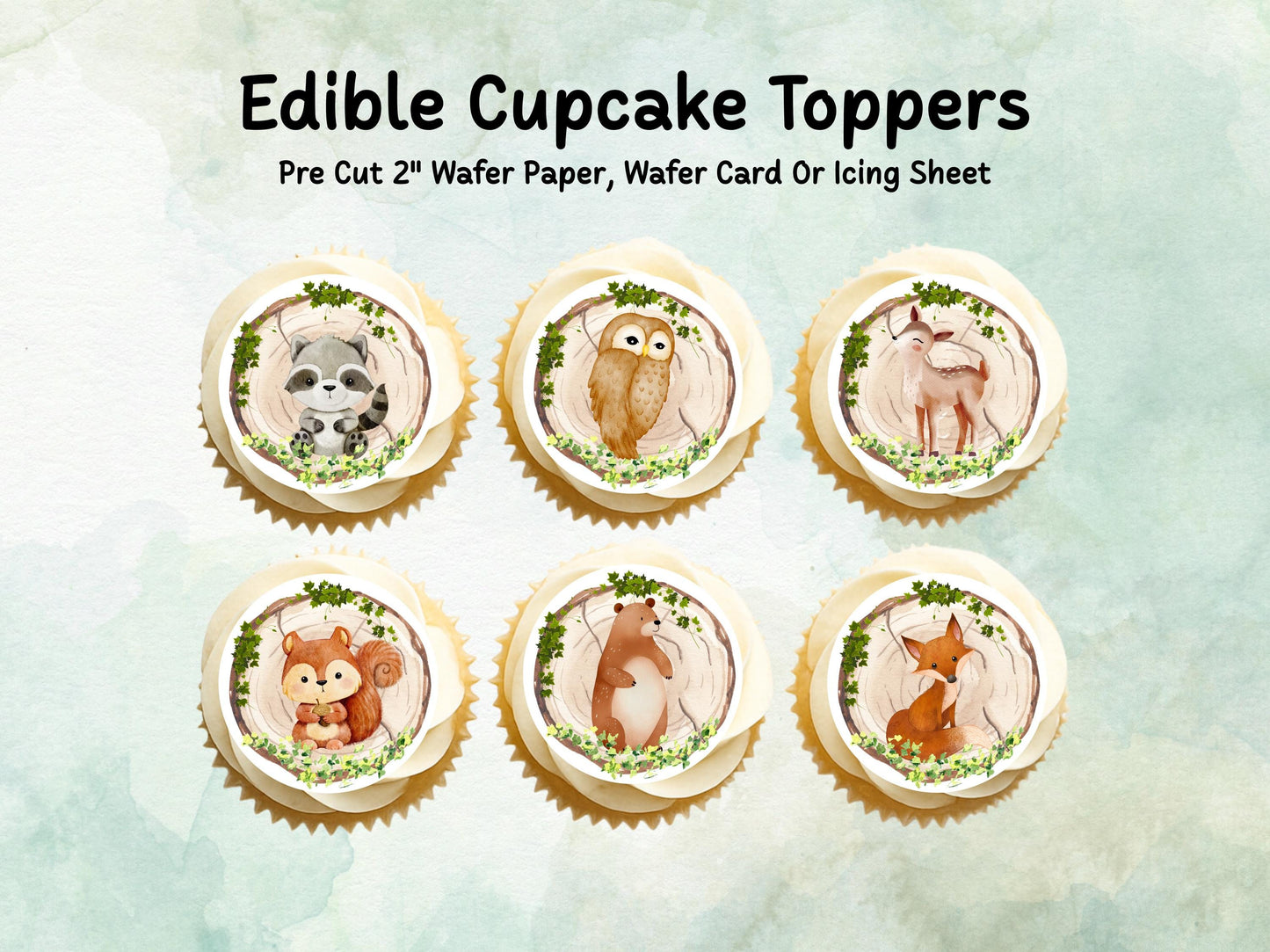 Cute Forest Animal Edible Cupcake Toppers 12 x 2" Pre cut Wafer Paper, Card or Icing Sheet, Birthday Cake Decoration