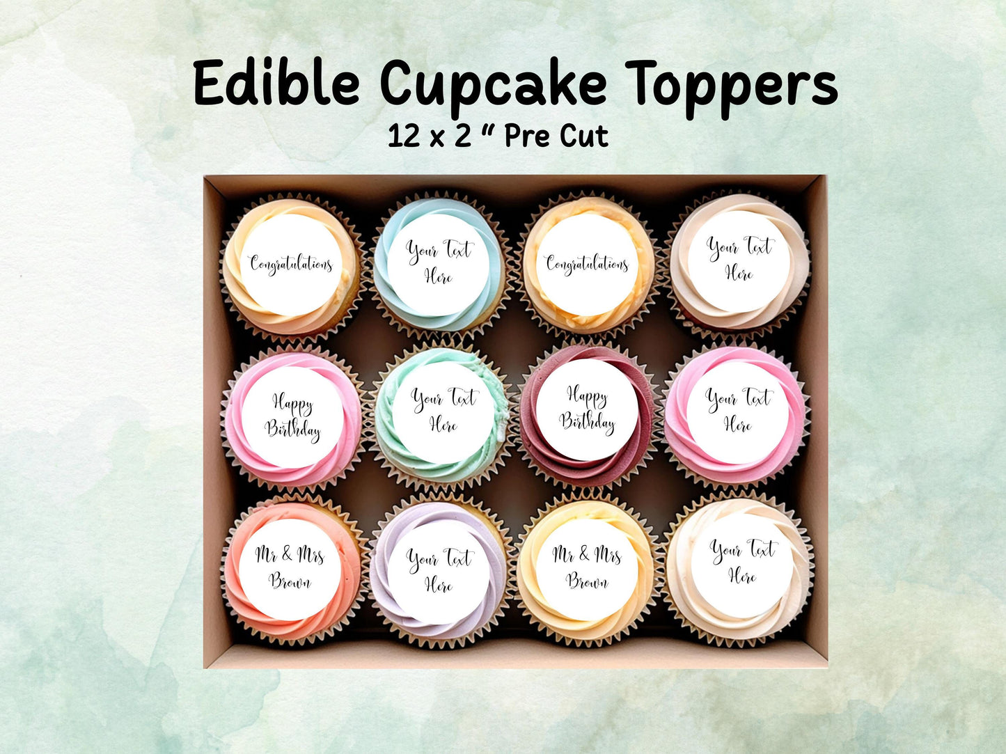 Personalised Edible Cupcake Toppers 12 x 2" – Pre cut Wafer Paper, Card or Icing Sheet