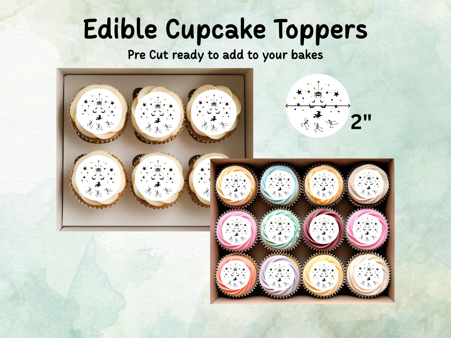 Spooky Halloween Edible Cupcake Toppers 12 x 2" – Pre cut Wafer Paper, Card or Icing Sheet, Halloween Party Decoration