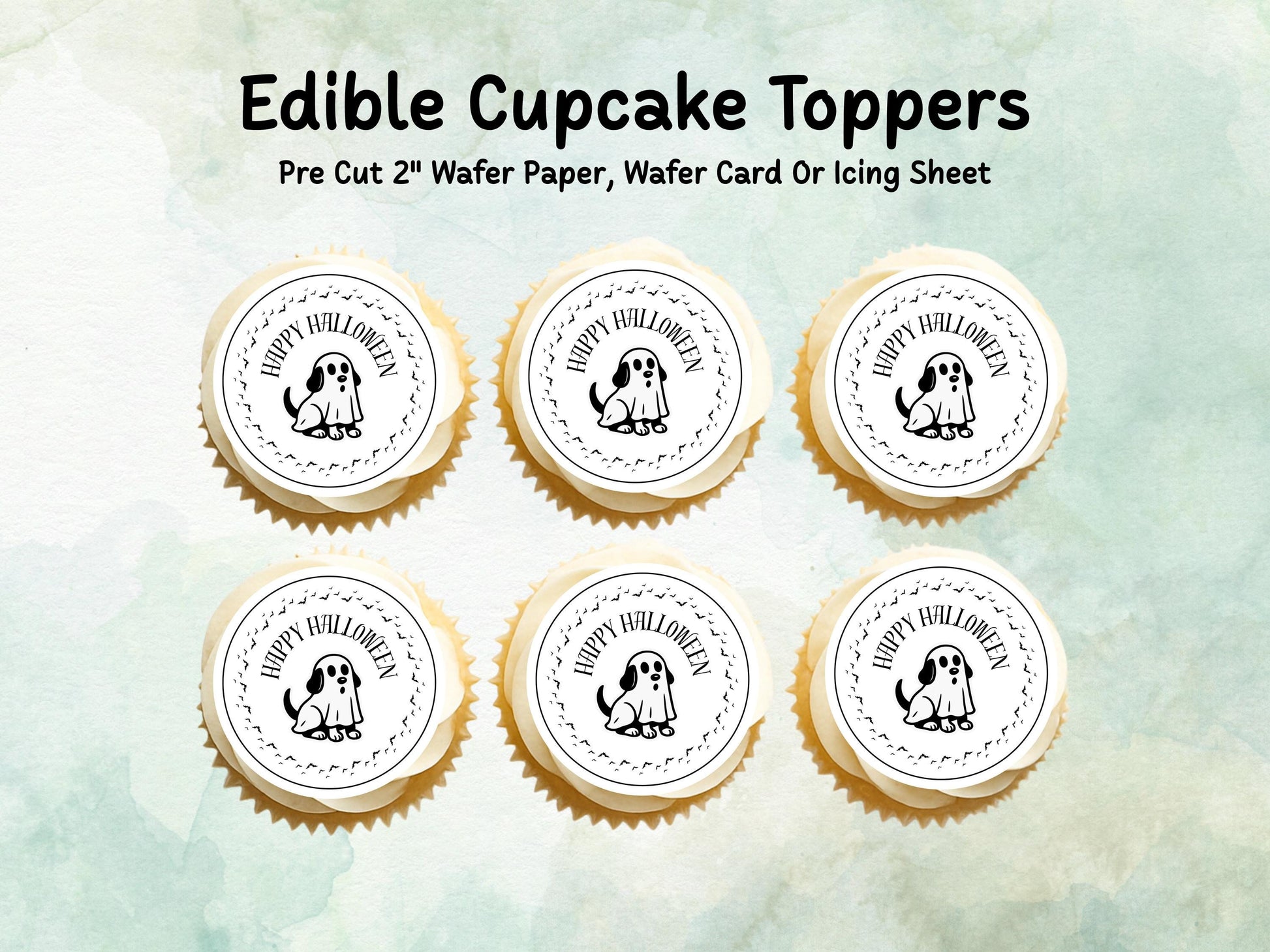 Ghost Dog Halloween Edible Cupcake Toppers 12 x 2" – Pre cut Wafer Paper, Card or Icing Sheet, Halloween Party Decoration