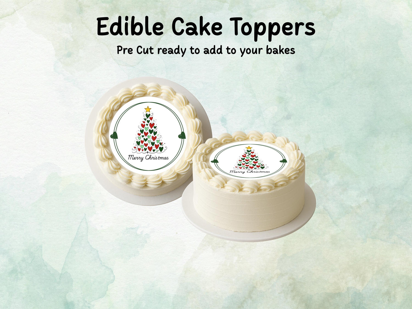 Merry Christmas Tree Edible Cake Topper: 6", 7" & 8". Pre Cut Wafer Paper, Card, or Icing Sheet