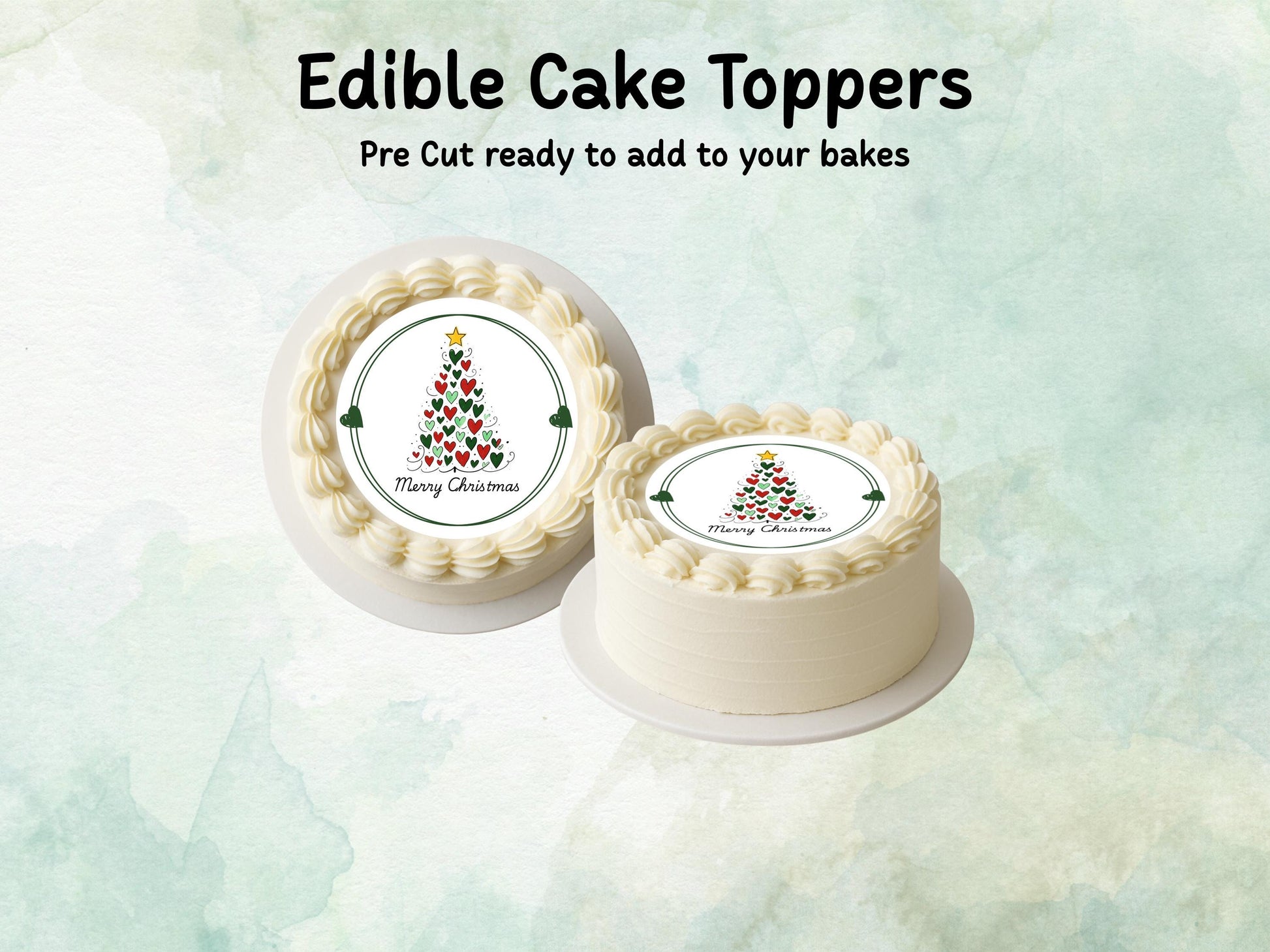Merry Christmas Tree Edible Cake Topper: 6", 7" & 8". Pre Cut Wafer Paper, Card, or Icing Sheet