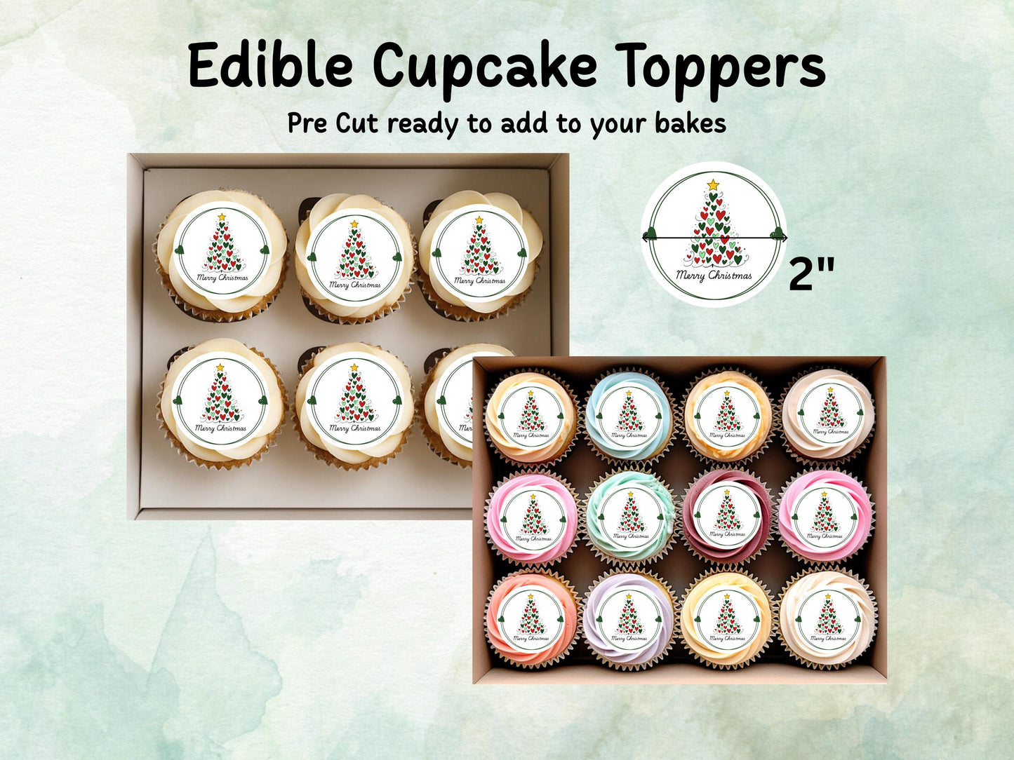 Merry Christmas Cupcake Toppers: Edible Wafer Paper, Card, or Icing (12 x 2")