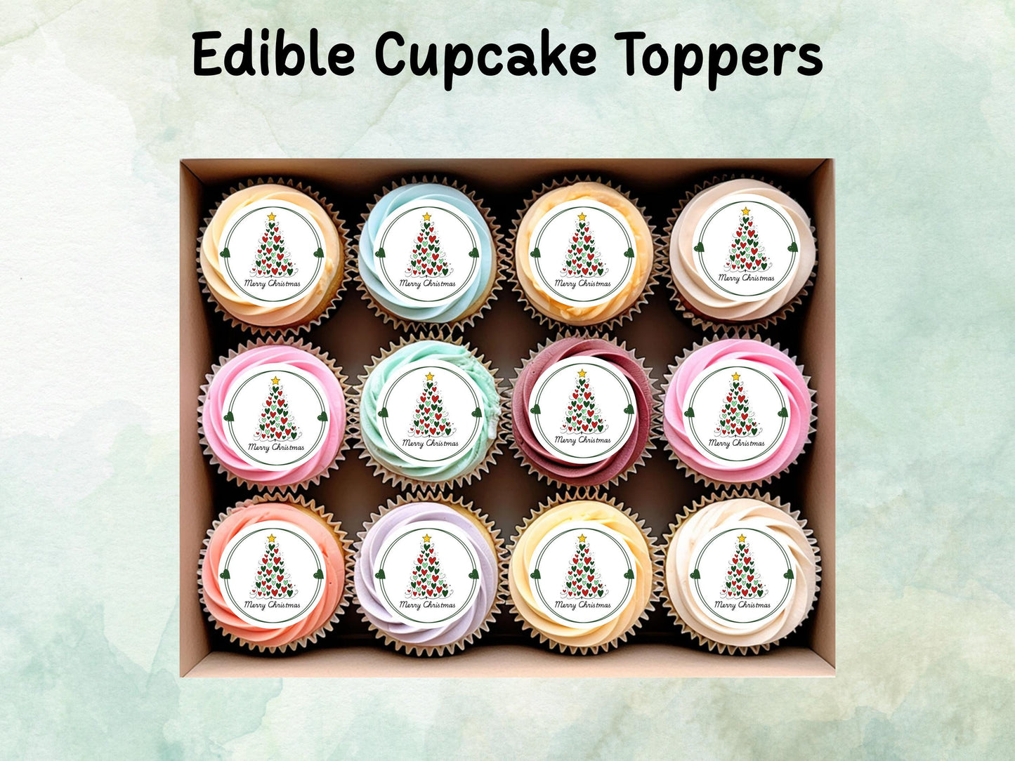 Merry Christmas Cupcake Toppers: Edible Wafer Paper, Card, or Icing (12 x 2")