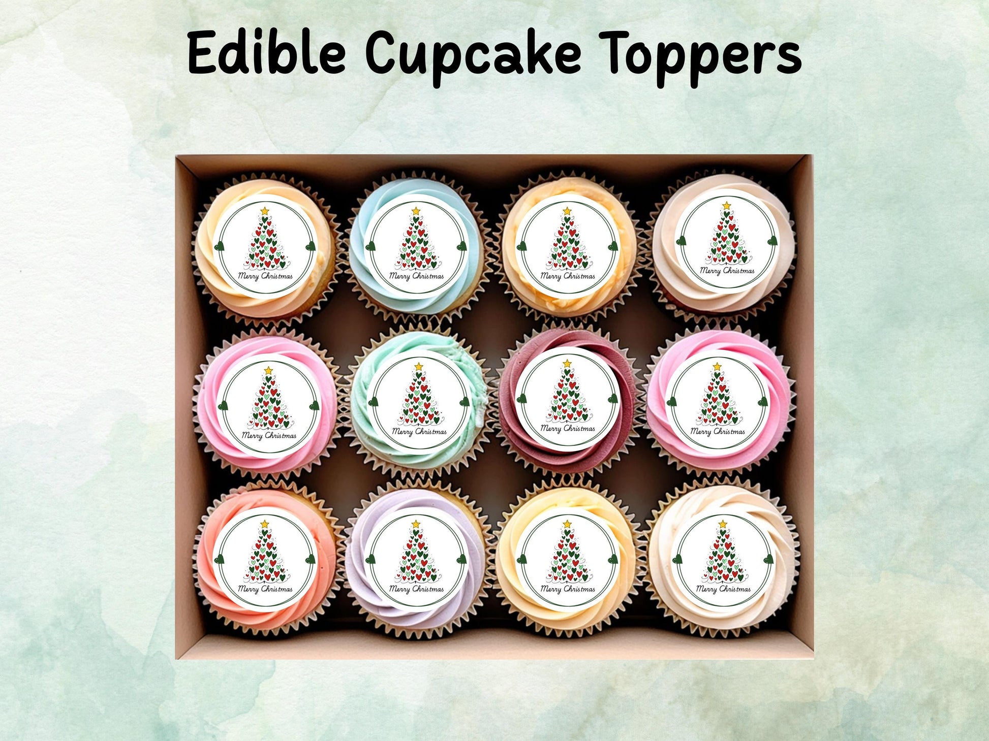 Merry Christmas Cupcake Toppers: Edible Wafer Paper, Card, or Icing (12 x 2")