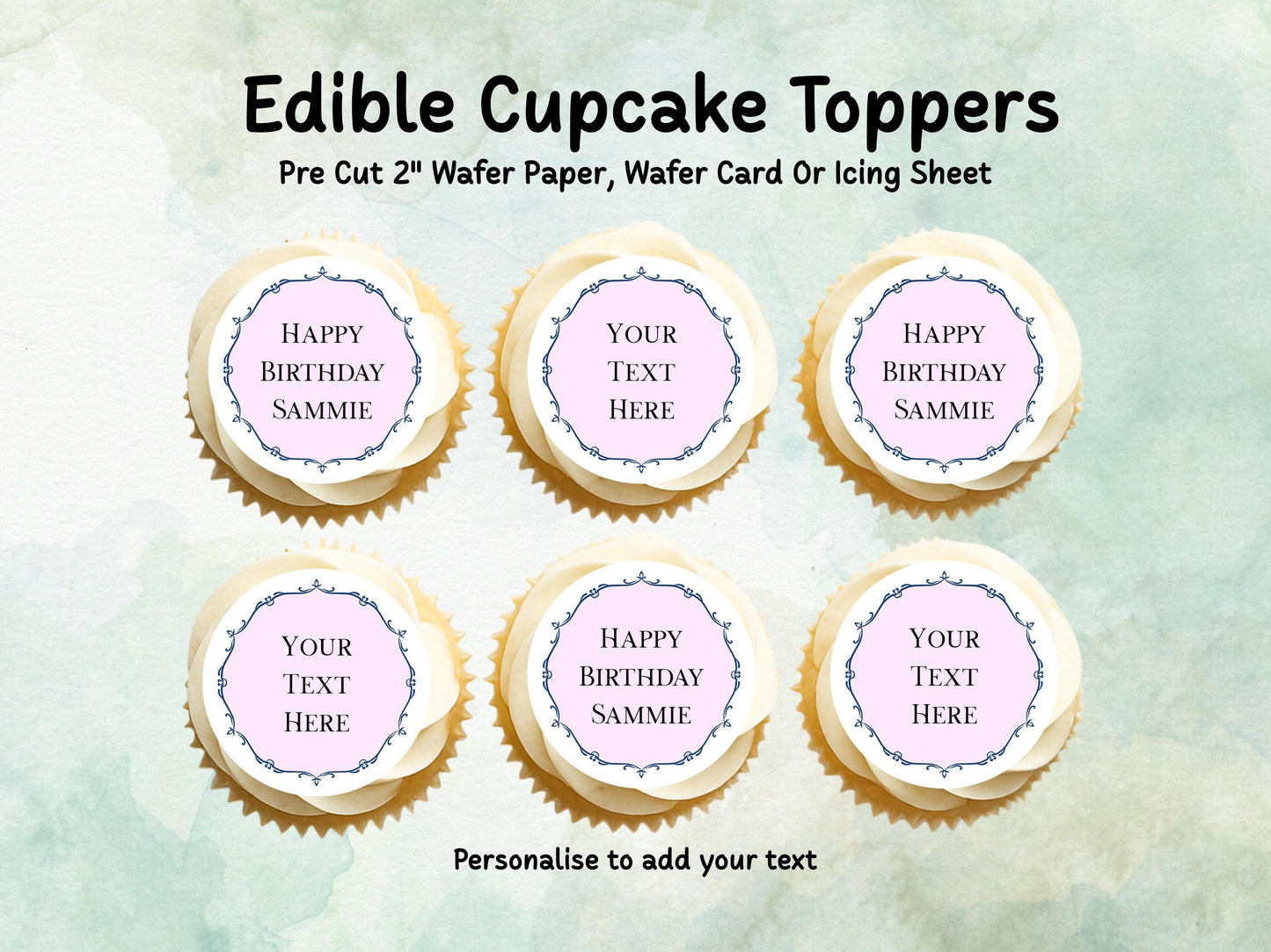 Personalised Pink Edible Cupcake Toppers 12 x 2" – Pre cut Wafer Paper, Card or Icing Sheet, Happy Birthday Toppers