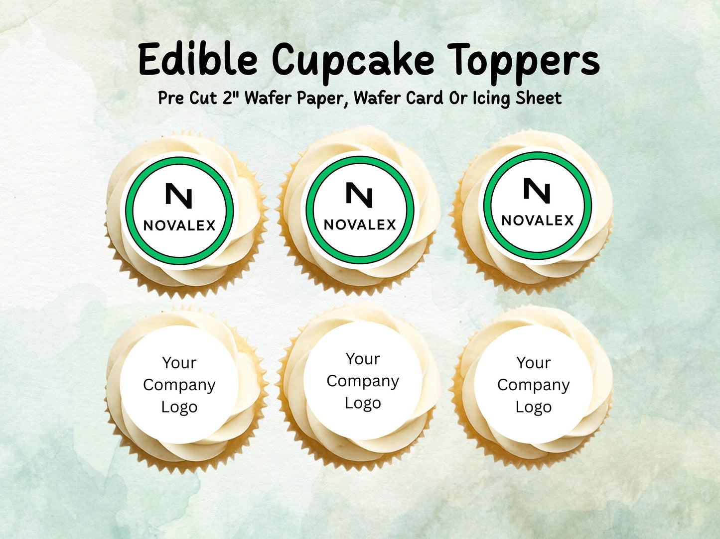 Company Logo Edible Cupcake Toppers 12 x 2" Pre cut Wafer Paper, Card or Icing Sheet, Personalised Image