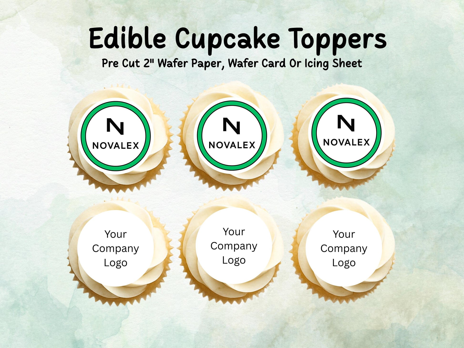 Company Logo Edible Cupcake Toppers 12 x 2" Pre cut Wafer Paper, Card or Icing Sheet, Personalised Image