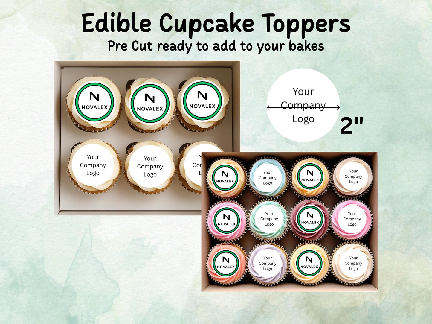 Company Logo Edible Cupcake Toppers 12 x 2" Pre cut Wafer Paper, Card or Icing Sheet, Personalised Image