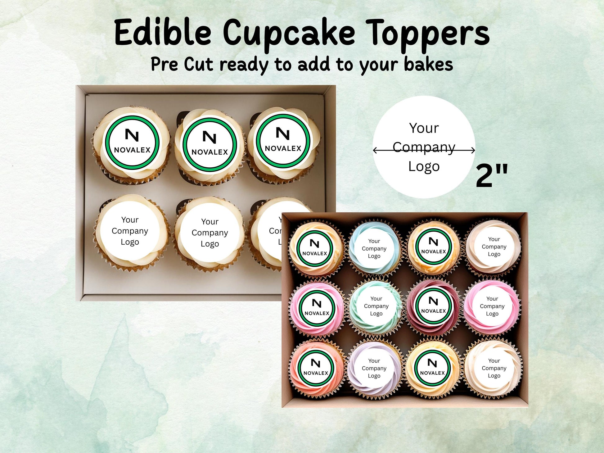 Company Logo Edible Cupcake Toppers 12 x 2" Pre cut Wafer Paper, Card or Icing Sheet, Personalised Image
