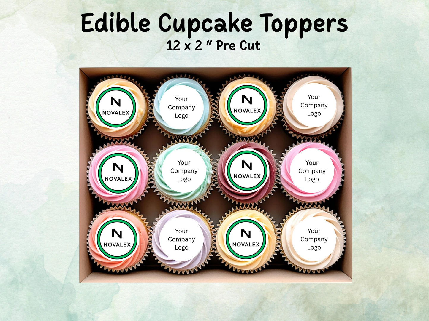 Company Logo Edible Cupcake Toppers 12 x 2" Pre cut Wafer Paper, Card or Icing Sheet, Personalised Image