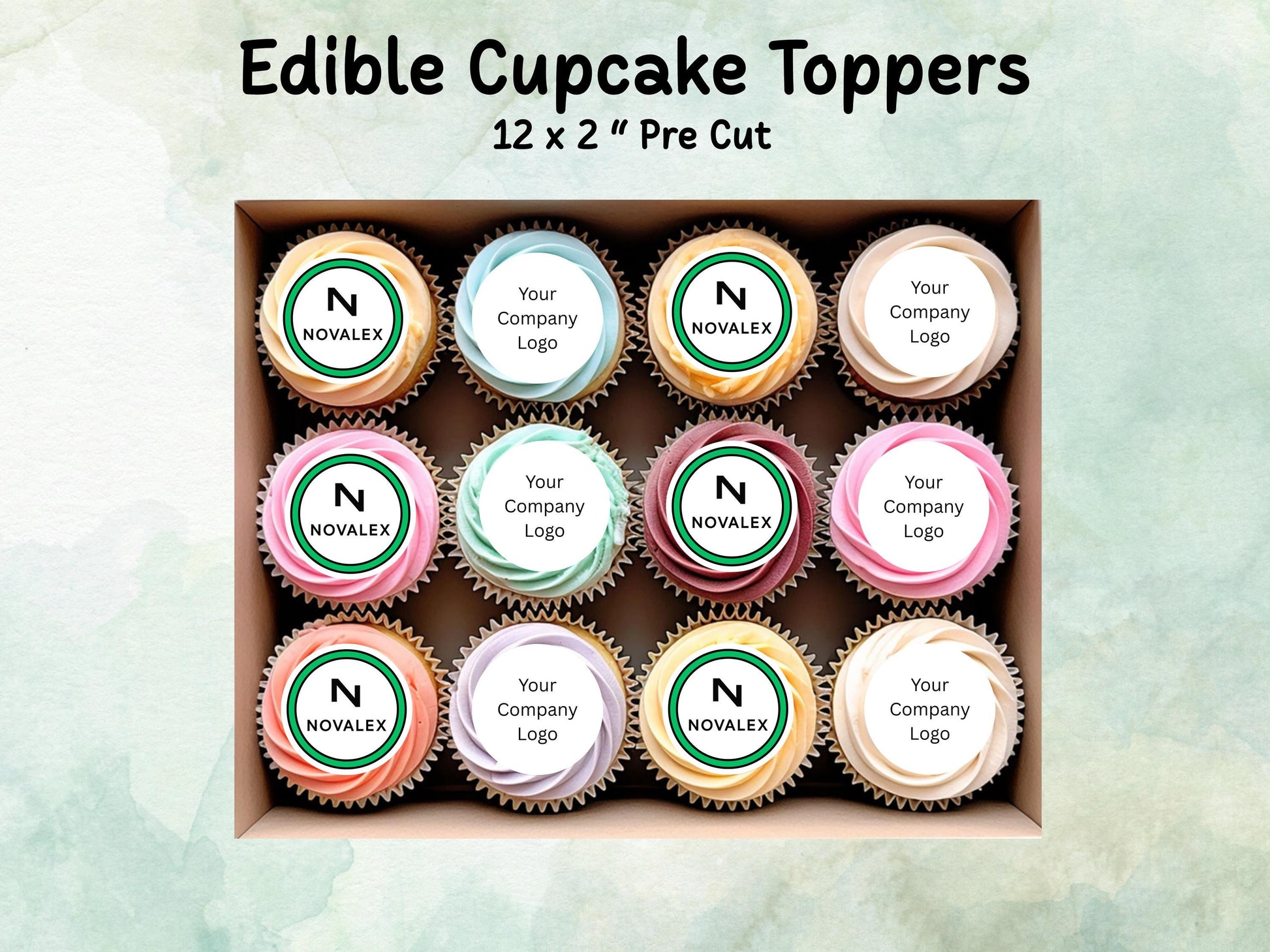 Company Logo Edible Cupcake Toppers 12 x 2" Pre cut Wafer Paper, Card or Icing Sheet, Personalised Image