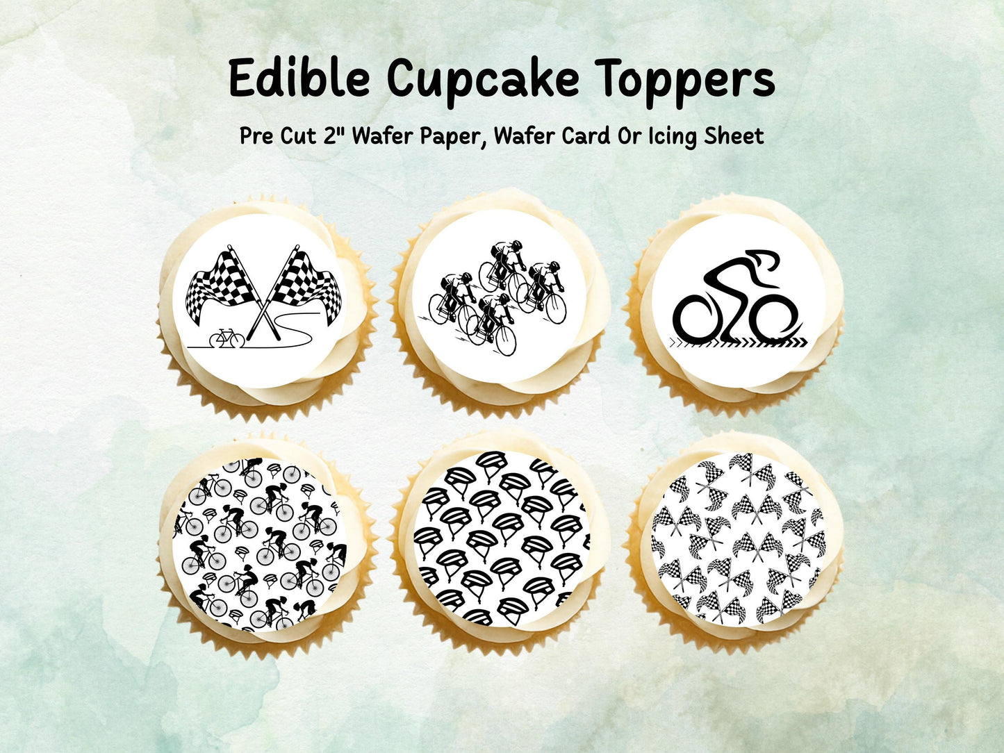 Cyclist Edible Cupcake Toppers 12 x 2" – Pre cut Wafer Paper, Card or Icing Sheet, Sports Party Decoration, Cake images