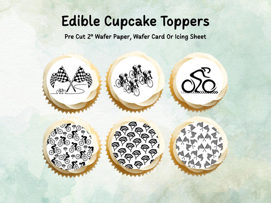 Cyclist Edible Cupcake Toppers 12 x 2" – Pre cut Wafer Paper, Card or Icing Sheet, Sports Party Decoration, Cake images