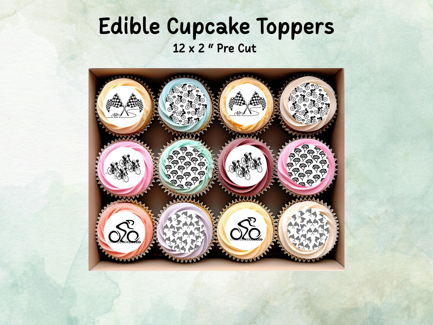 Cyclist Edible Cupcake Toppers 12 x 2" – Pre cut Wafer Paper, Card or Icing Sheet, Sports Party Decoration, Cake images