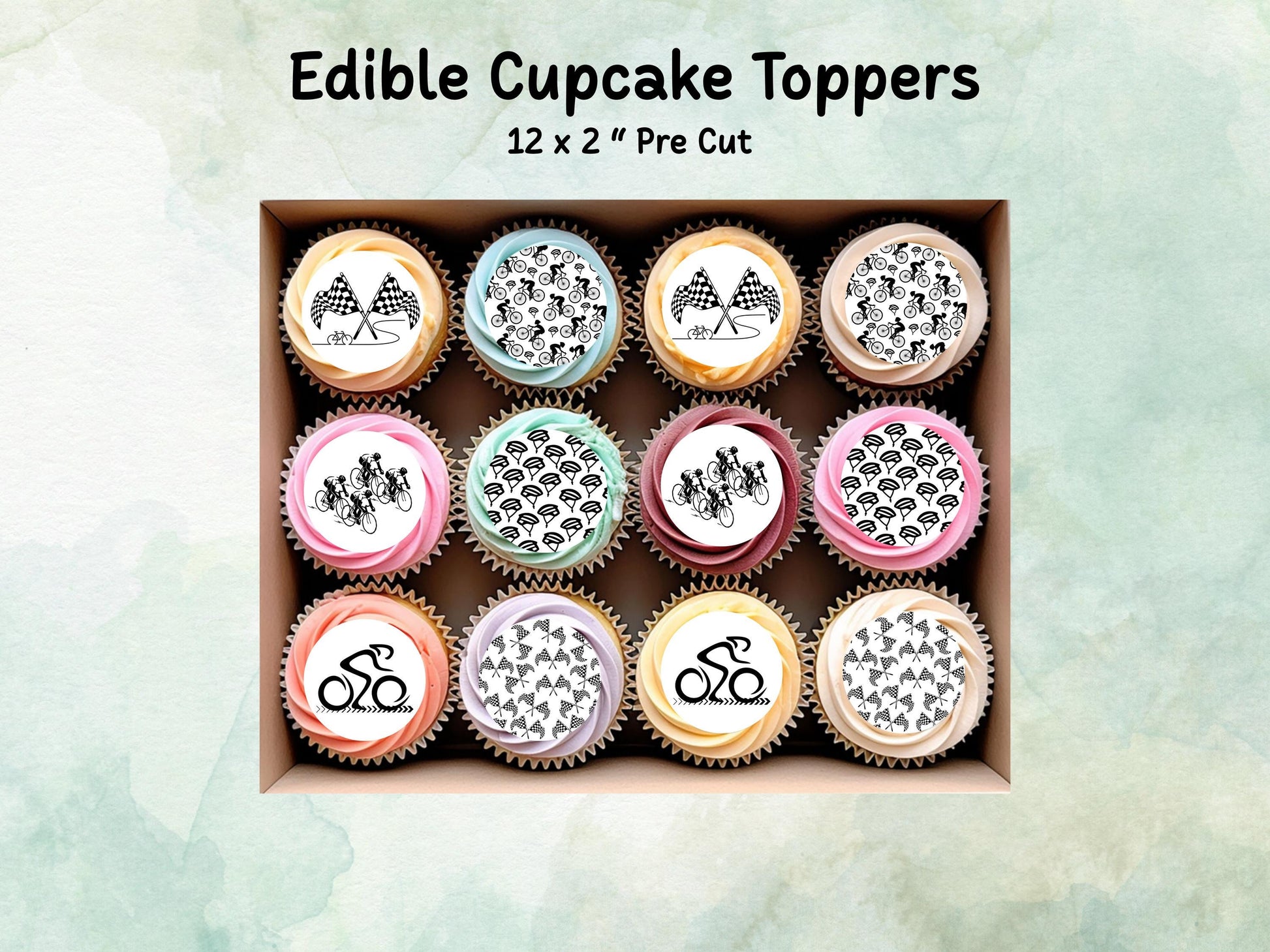 Cyclist Edible Cupcake Toppers 12 x 2" – Pre cut Wafer Paper, Card or Icing Sheet, Sports Party Decoration, Cake images