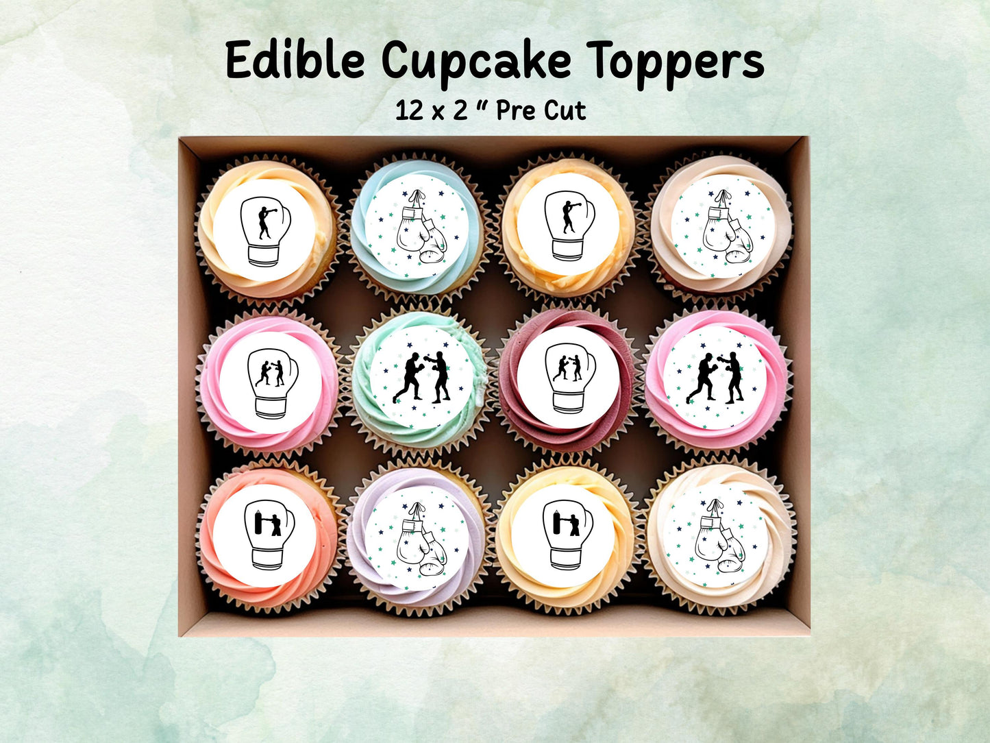 Boxing Edible Cupcake Toppers 12 x 2" – Pre cut Wafer Paper, Card or Icing Sheet, Sports Party Decoration, Cake images