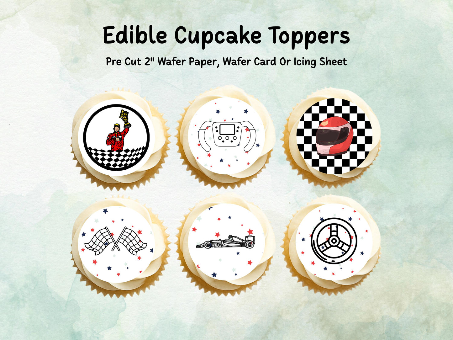 Racing Car Edible Cupcake Toppers 12 x 2" – Pre cut Wafer Paper, Card or Icing Sheet, Sports Party Decoration, Cake images