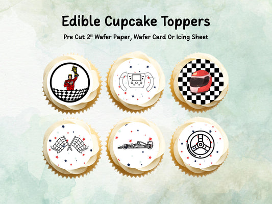 Racing Car Edible Cupcake Toppers 12 x 2" – Pre cut Wafer Paper, Card or Icing Sheet, Sports Party Decoration, Cake images