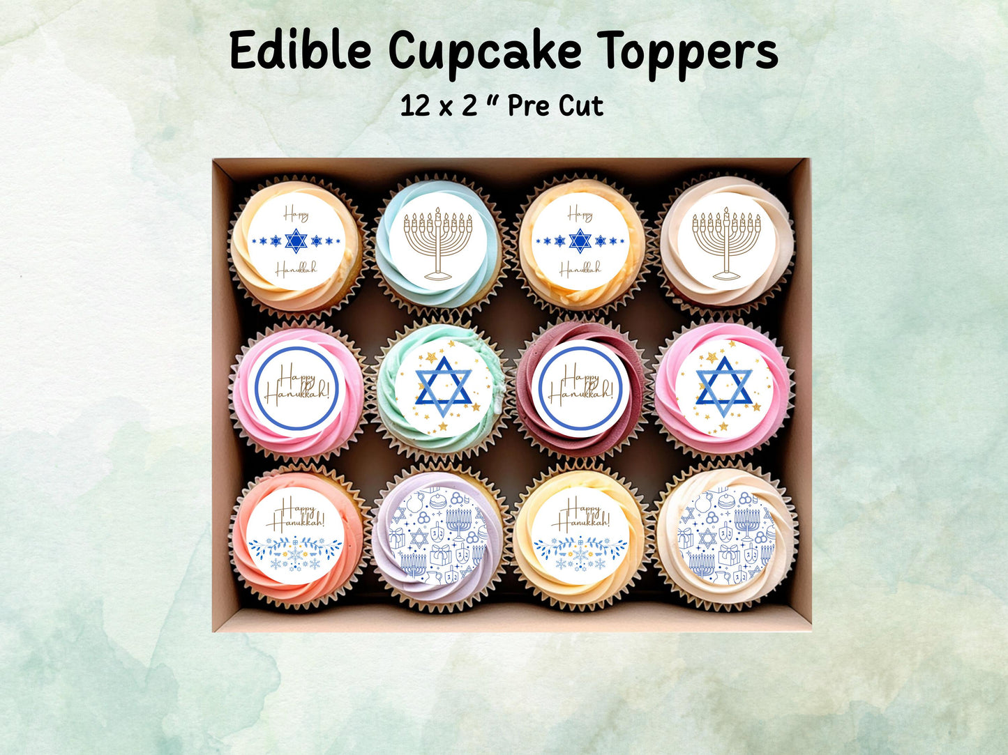 Happy Hanukkah Edible Cupcake Toppers 12 x 2" – Pre cut Wafer Paper, Card or Icing Sheet, Hanukkah Cake Decorations